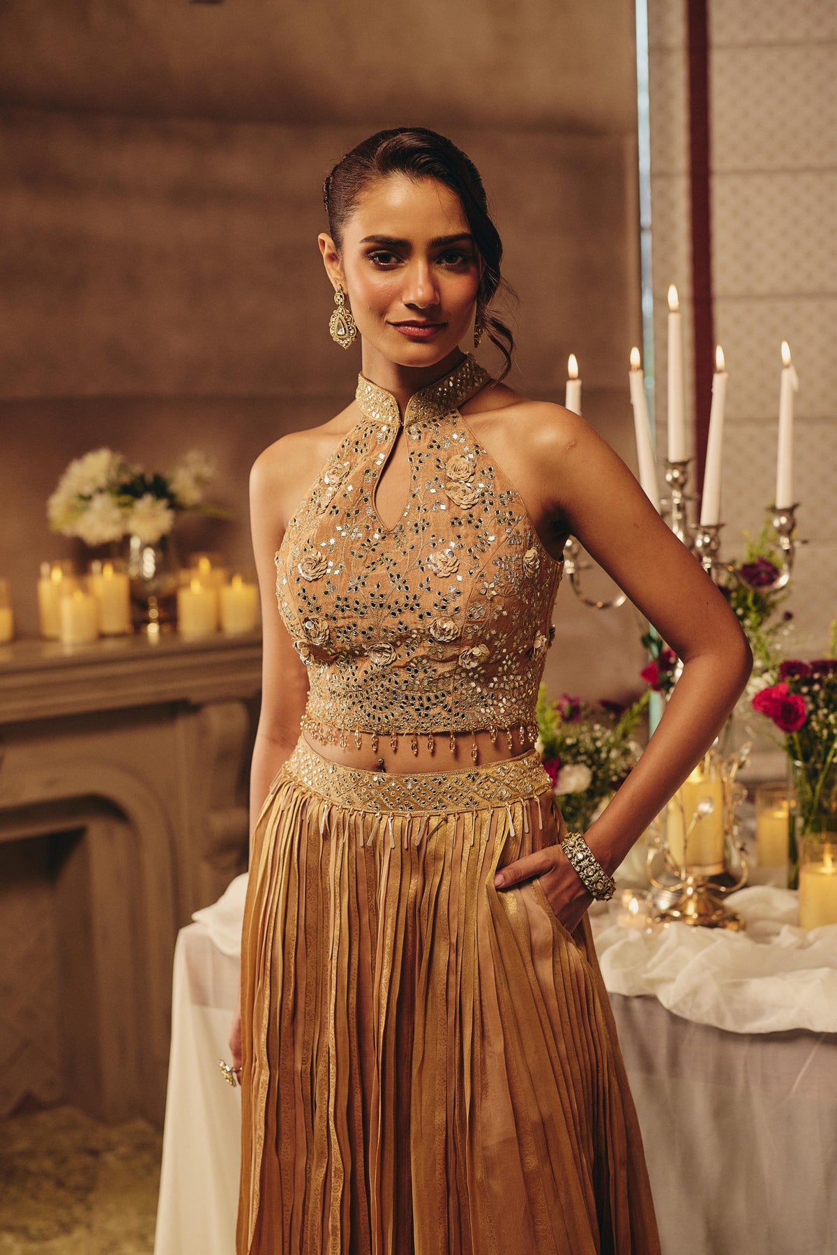Bronze Beige Embellished Crushed Silk Skirt Set