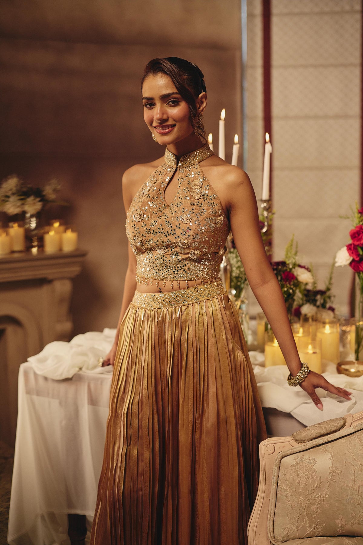 Bronze Beige Embellished Crushed Silk Skirt Set