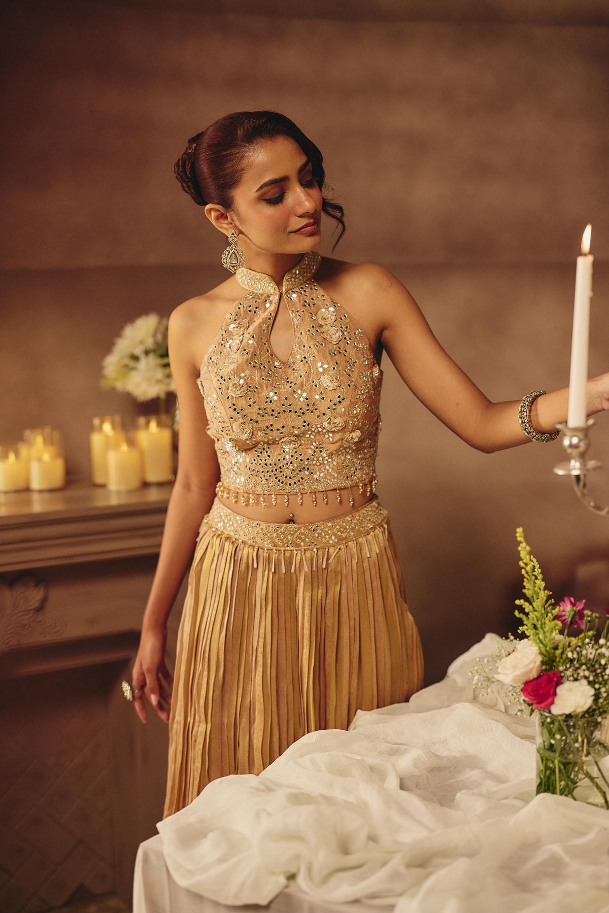 Bronze Beige Embellished Crushed Silk Skirt Set