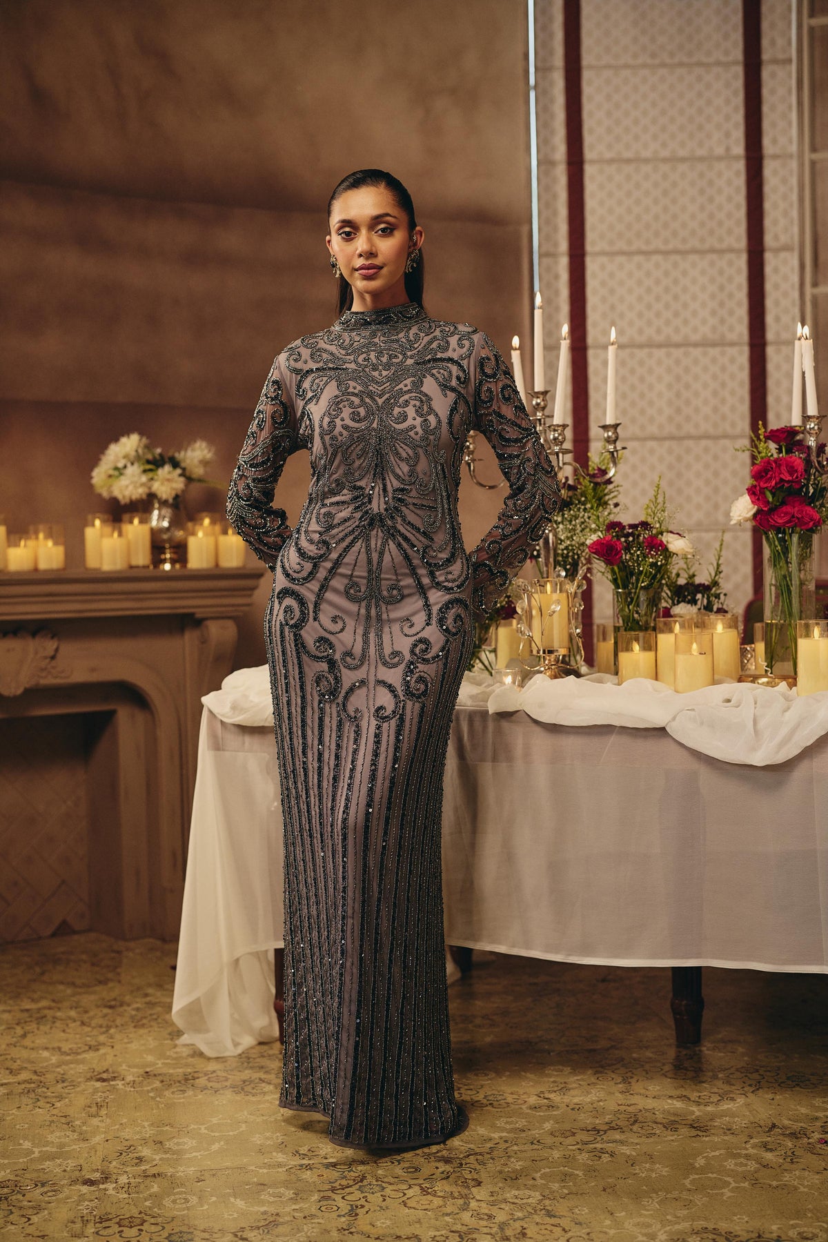 Smoke Grey Embellished Premium Net Maxi Gown