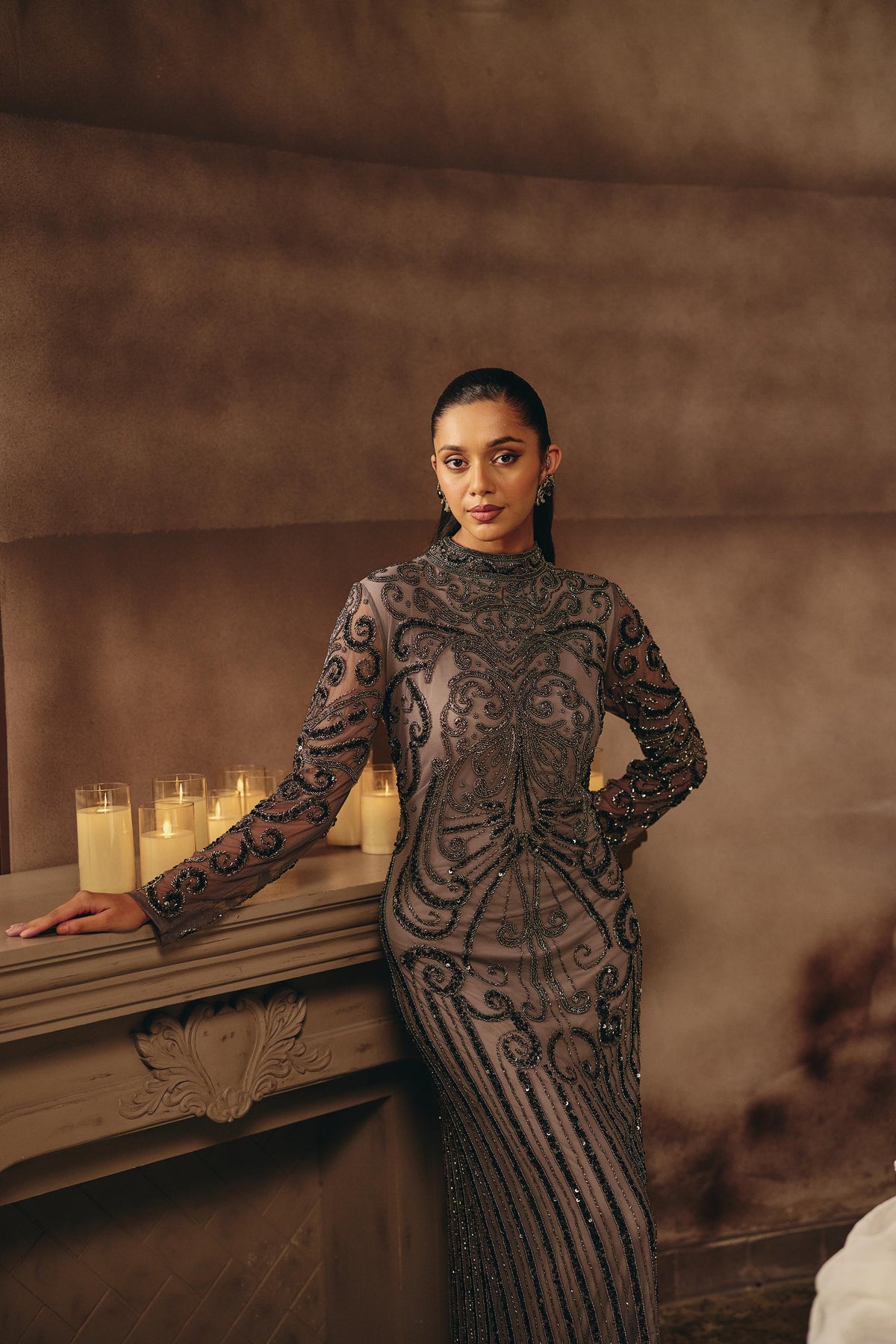 Smoke Grey Embellished Premium Net Maxi Gown