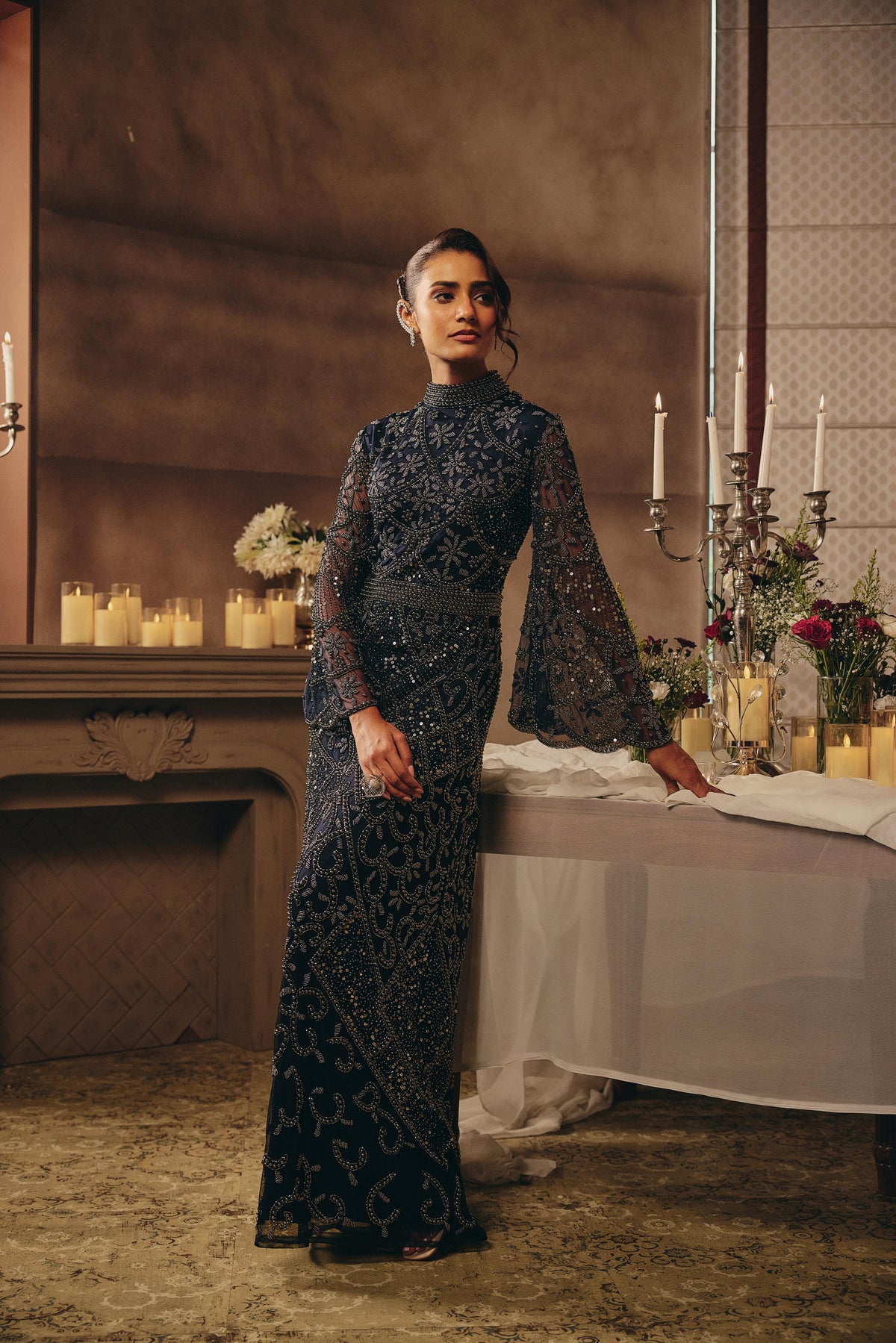 Midnight Navy Embellished Premium Net Maxi Gown
