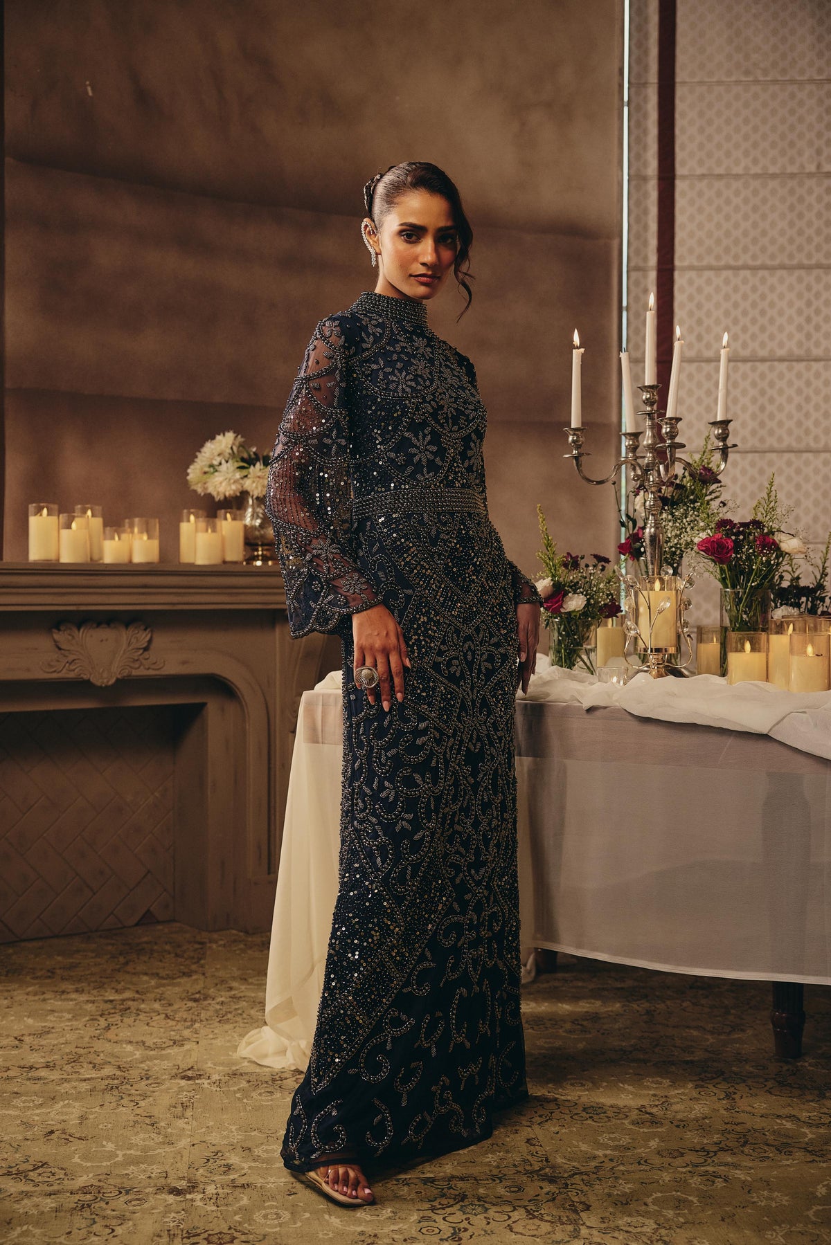 Midnight Navy Embellished Premium Net Maxi Gown