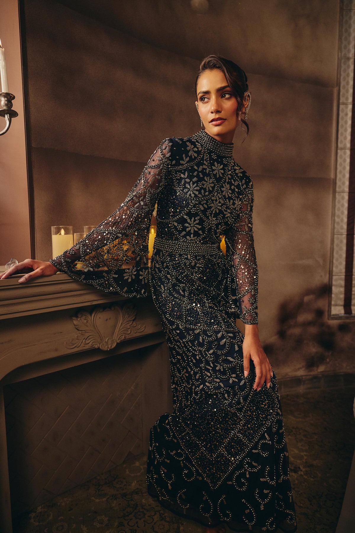 Midnight Navy Embellished Premium Net Maxi Gown