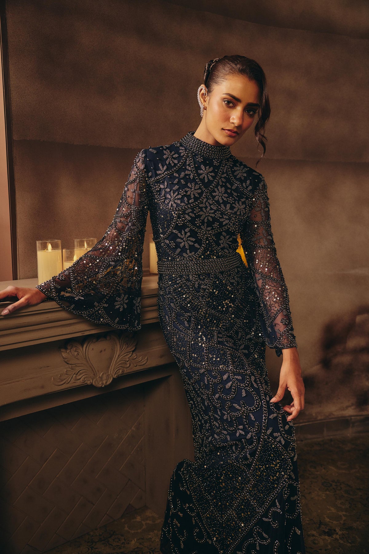 Midnight Navy Embellished Premium Net Maxi Gown