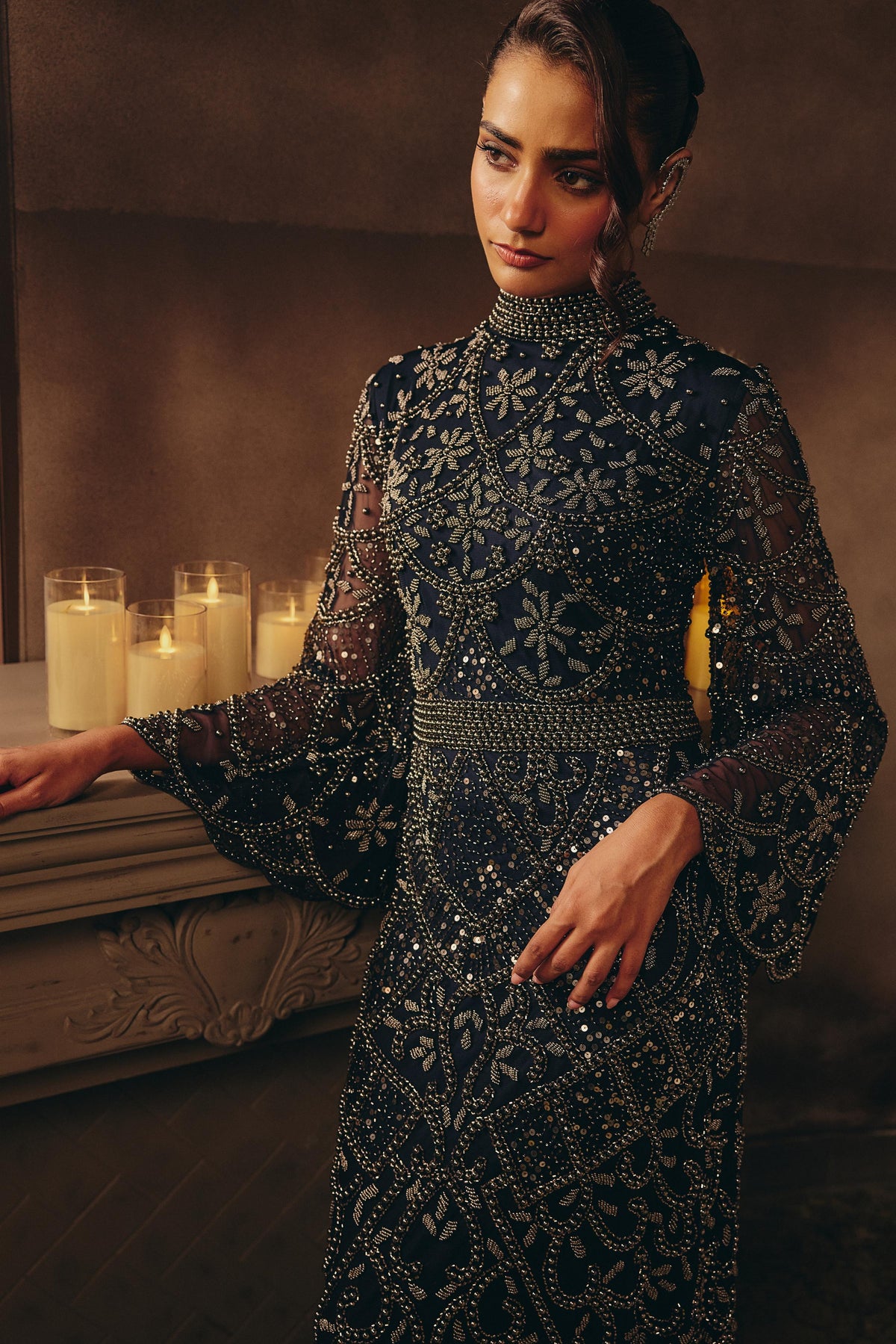 Midnight Navy Embellished Premium Net Maxi Gown