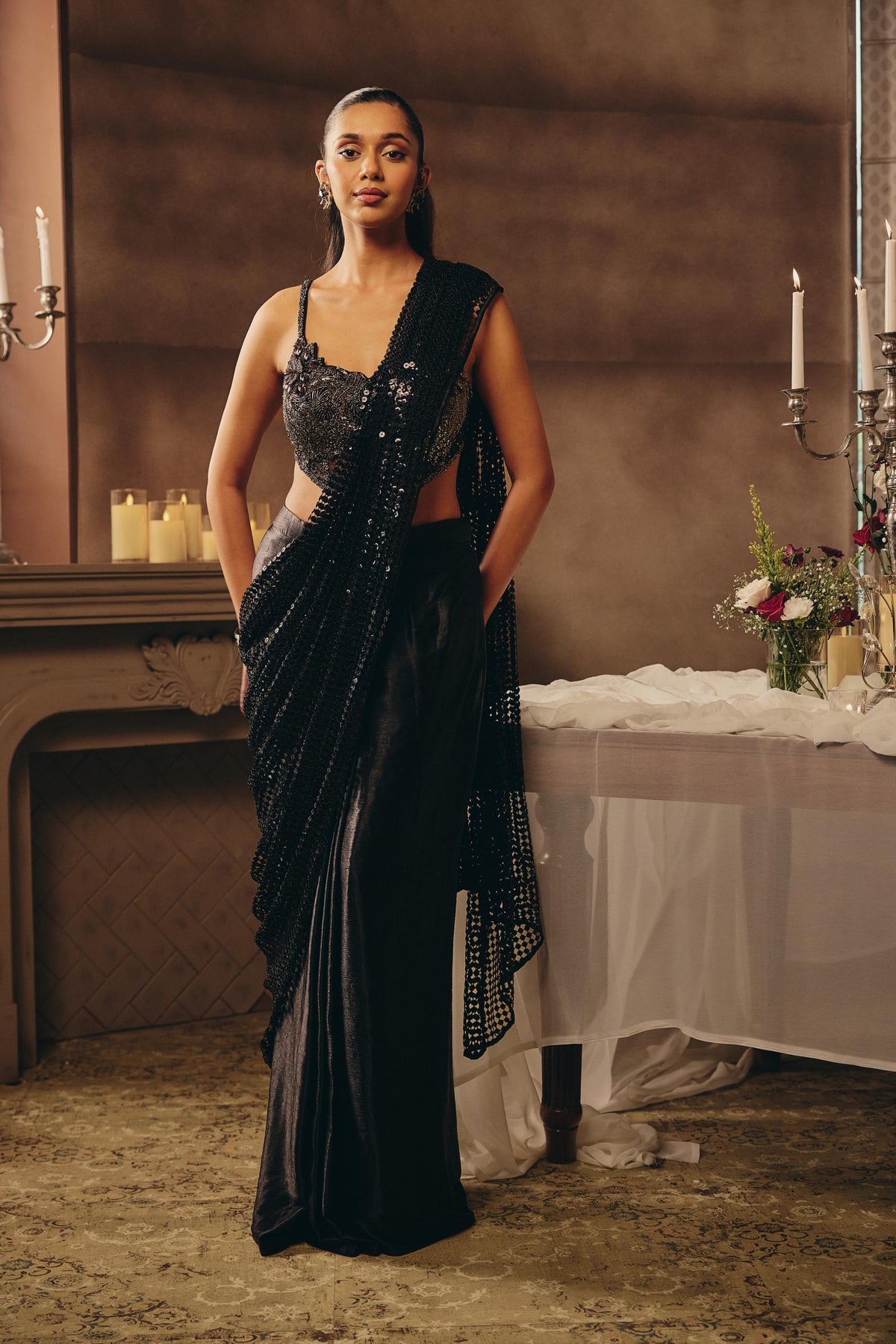 Midnight Black Embellished Premium Net Pre-Draped Saree
