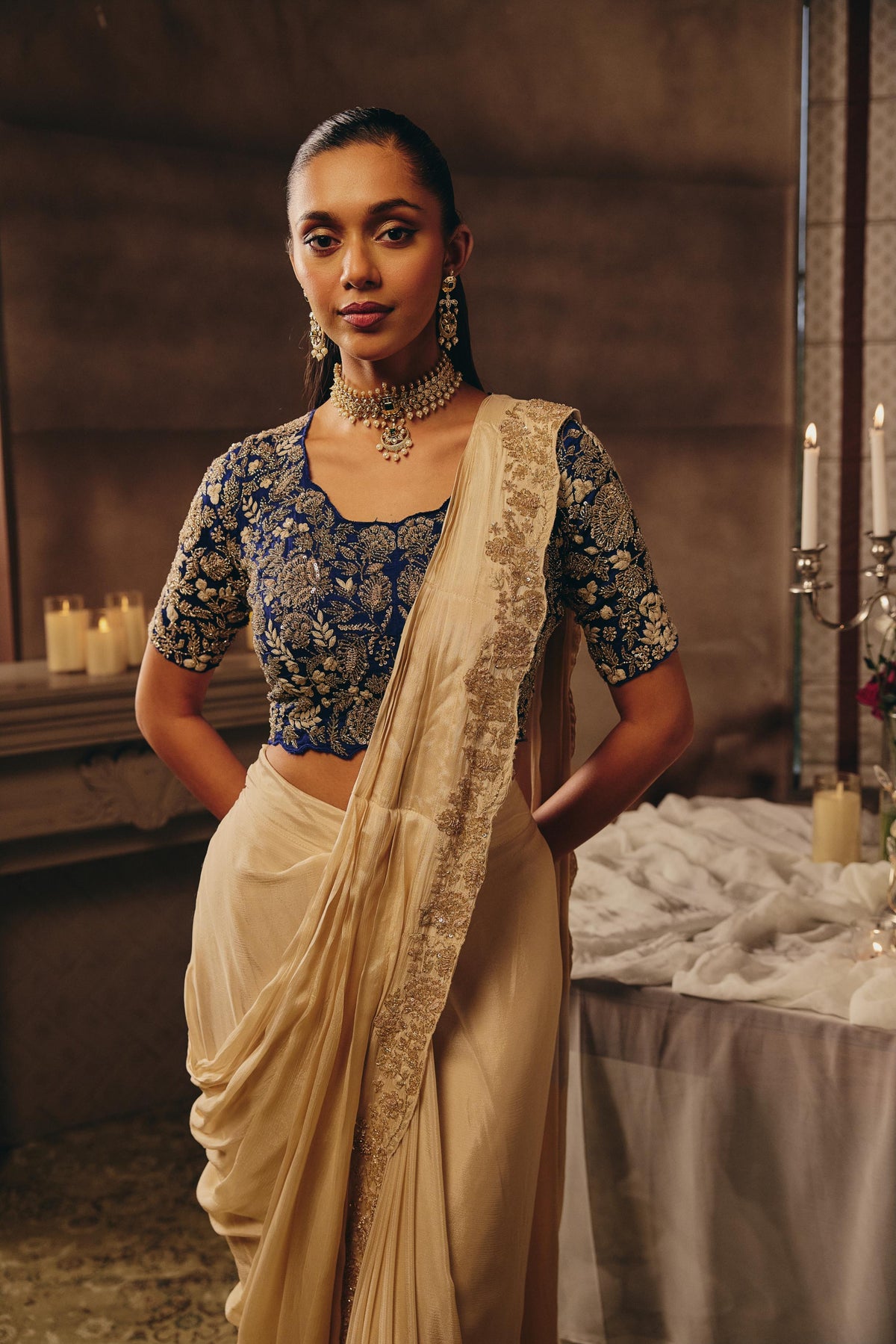 Cream Ivory & Royal Blue Embellished Chinon Silk Saree