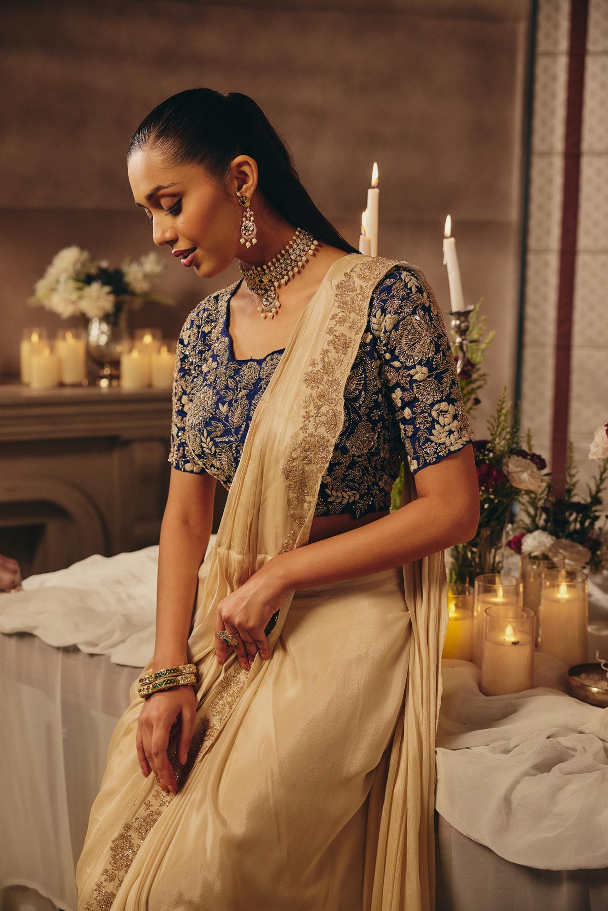 Cream Ivory & Royal Blue Embellished Chinon Silk Saree
