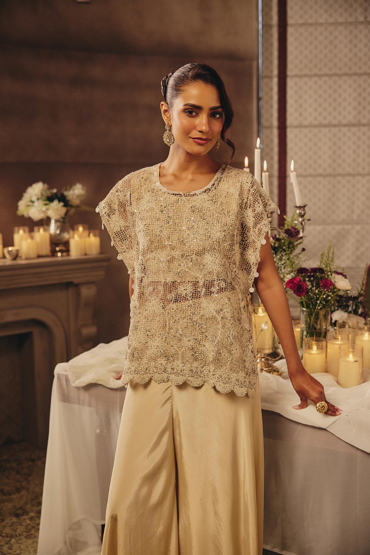 Sand Beige Embellished Crepe Silk Palazzo Set