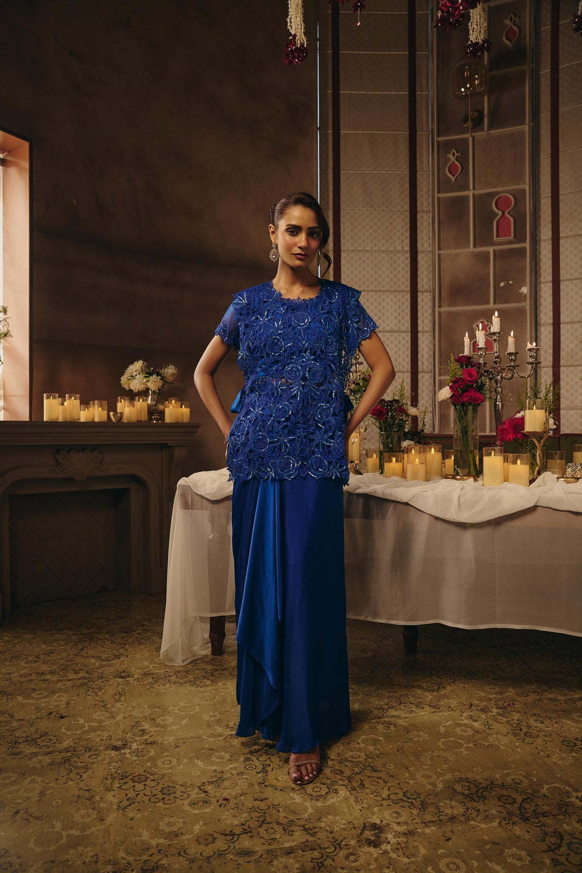 Electric Blue Embellished Satin Silk Skirt Set