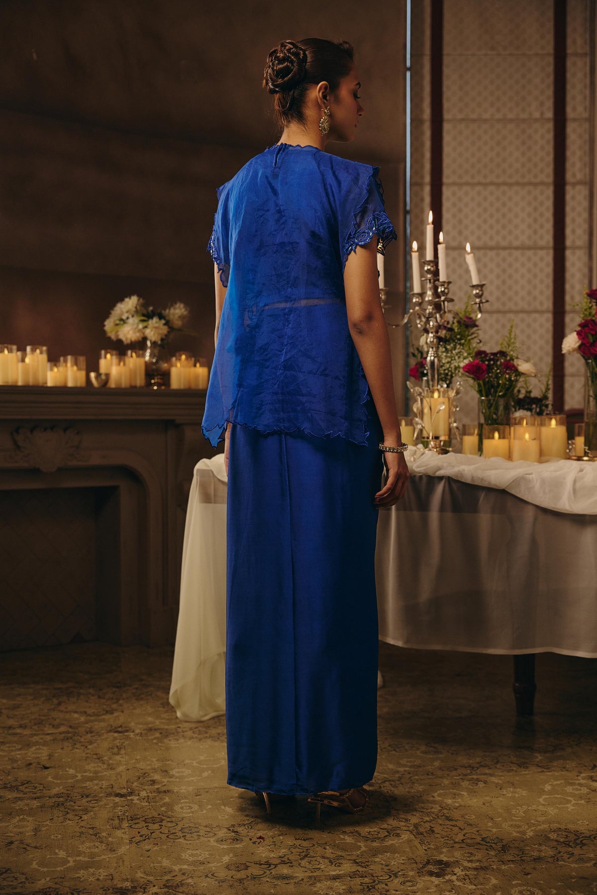 Electric Blue Embellished Satin Silk Skirt Set