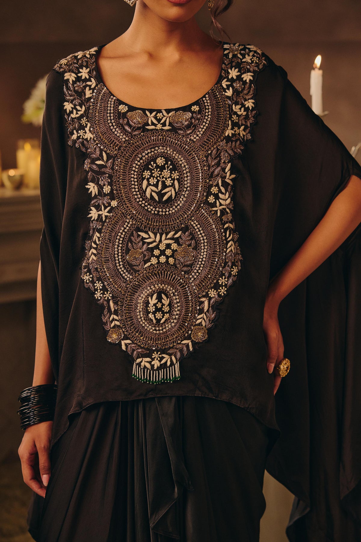 Raven Black Embellished Satin Silk Skirt Set