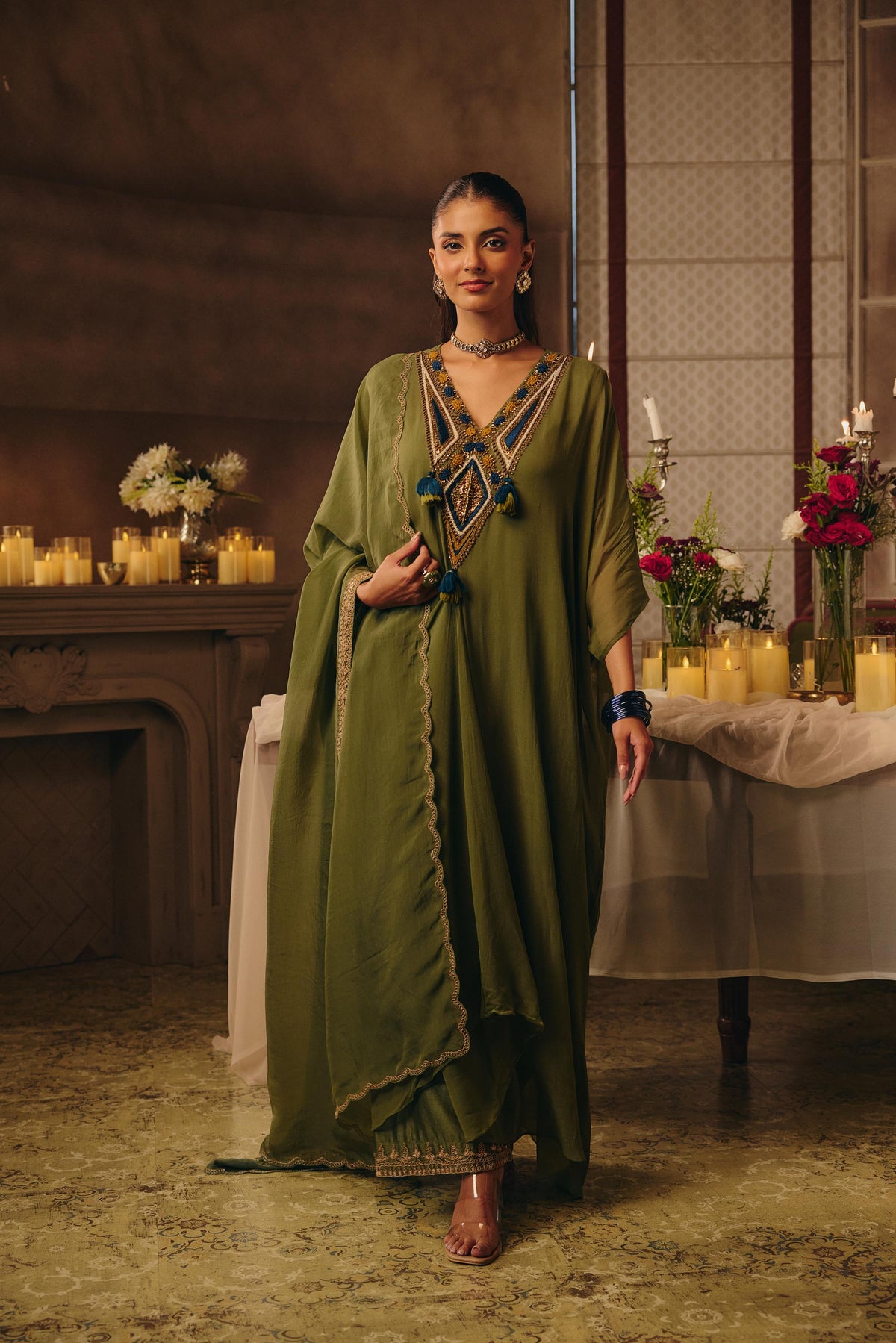 Light Green Embellished Georgette Silk Kaftan Set