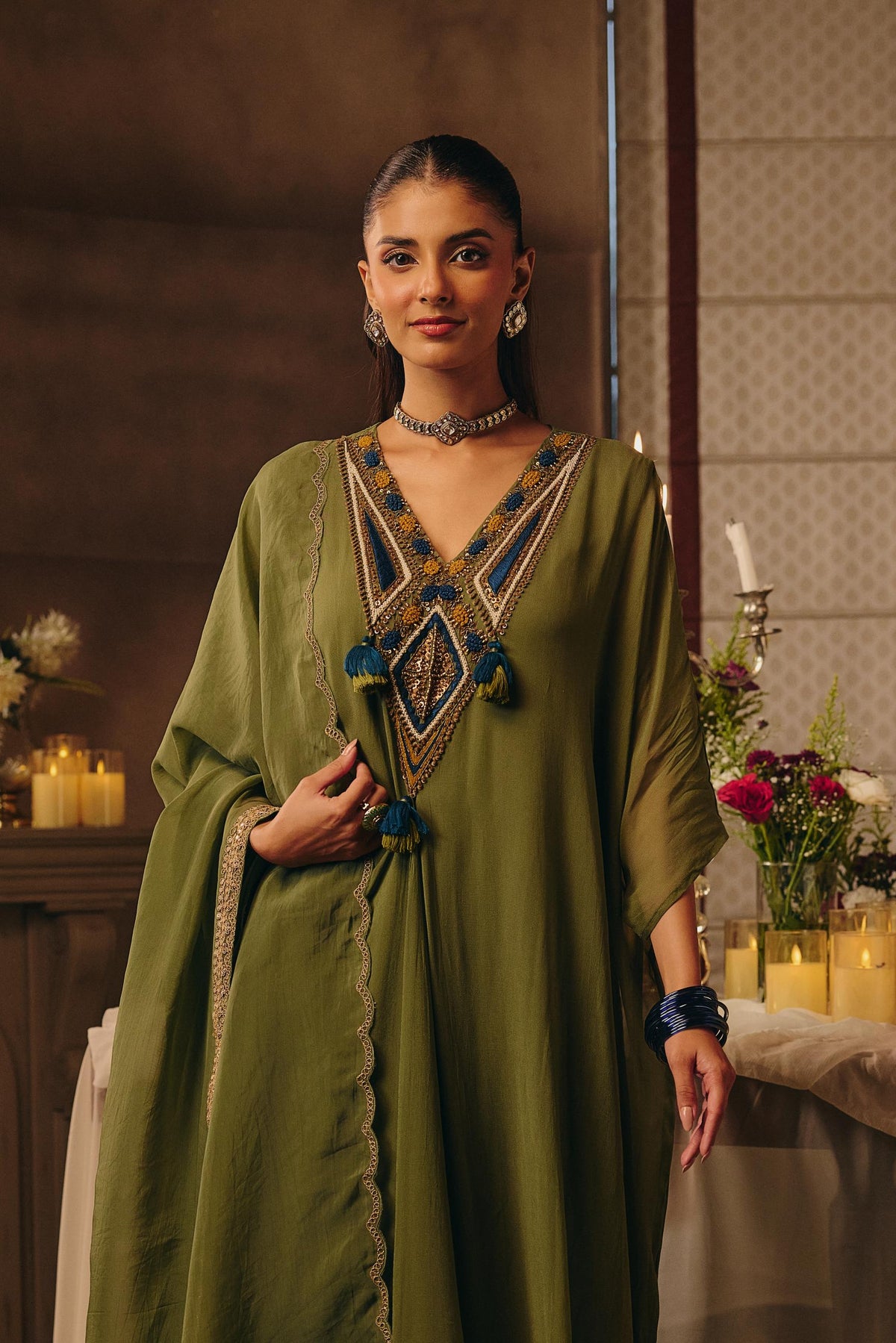 Light Green Embellished Georgette Silk Kaftan Set