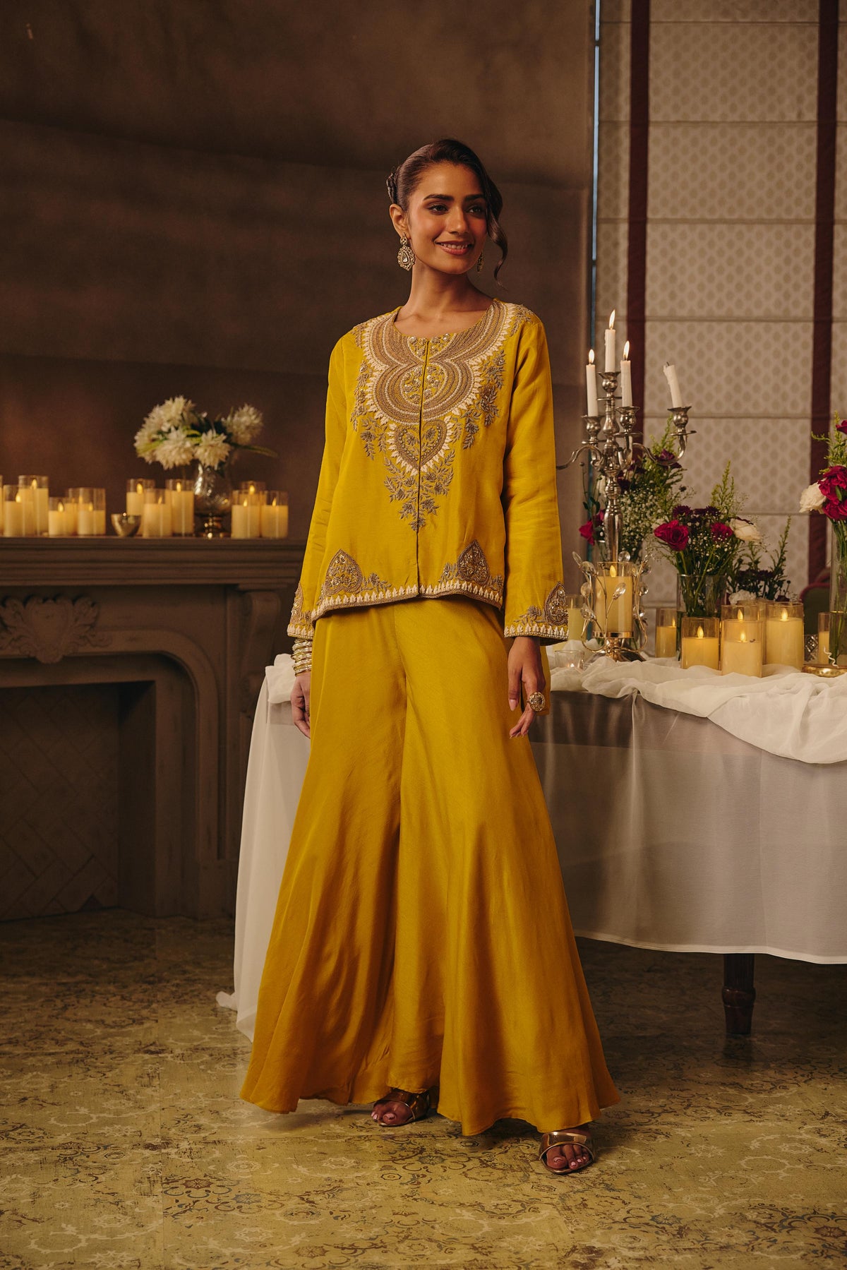 Bright Yellow Embellished Raw Silk Palazzo Set