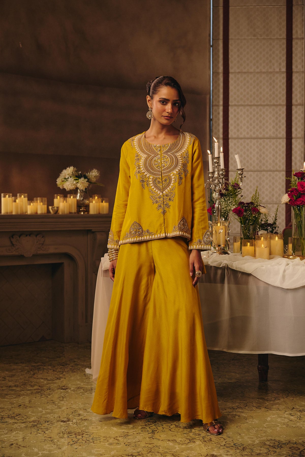Bright Yellow Embellished Raw Silk Palazzo Set
