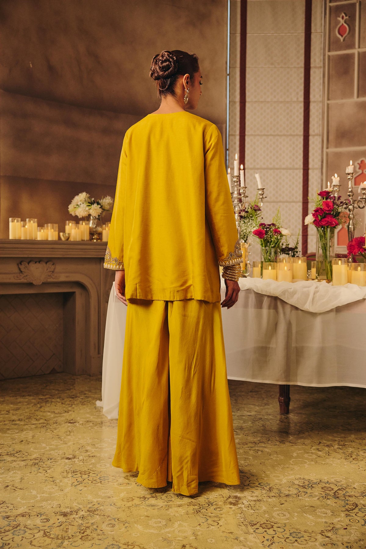 Bright Yellow Embellished Raw Silk Palazzo Set