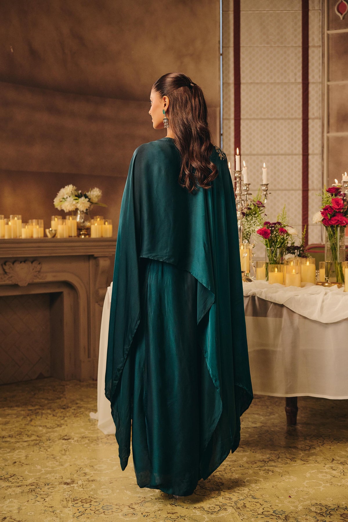 Bottel Green Embellished Crepe Silk Skirt Set