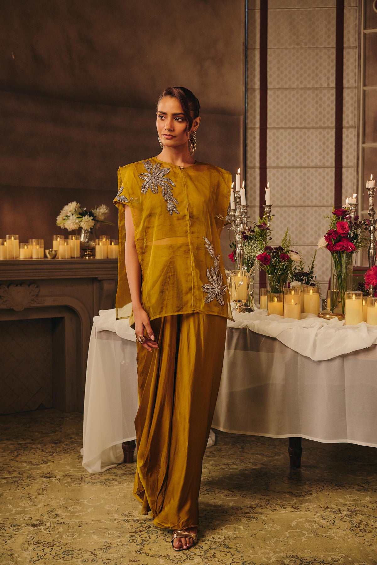Muted Olive Embellished Crepe Satin Silk Skirt Set