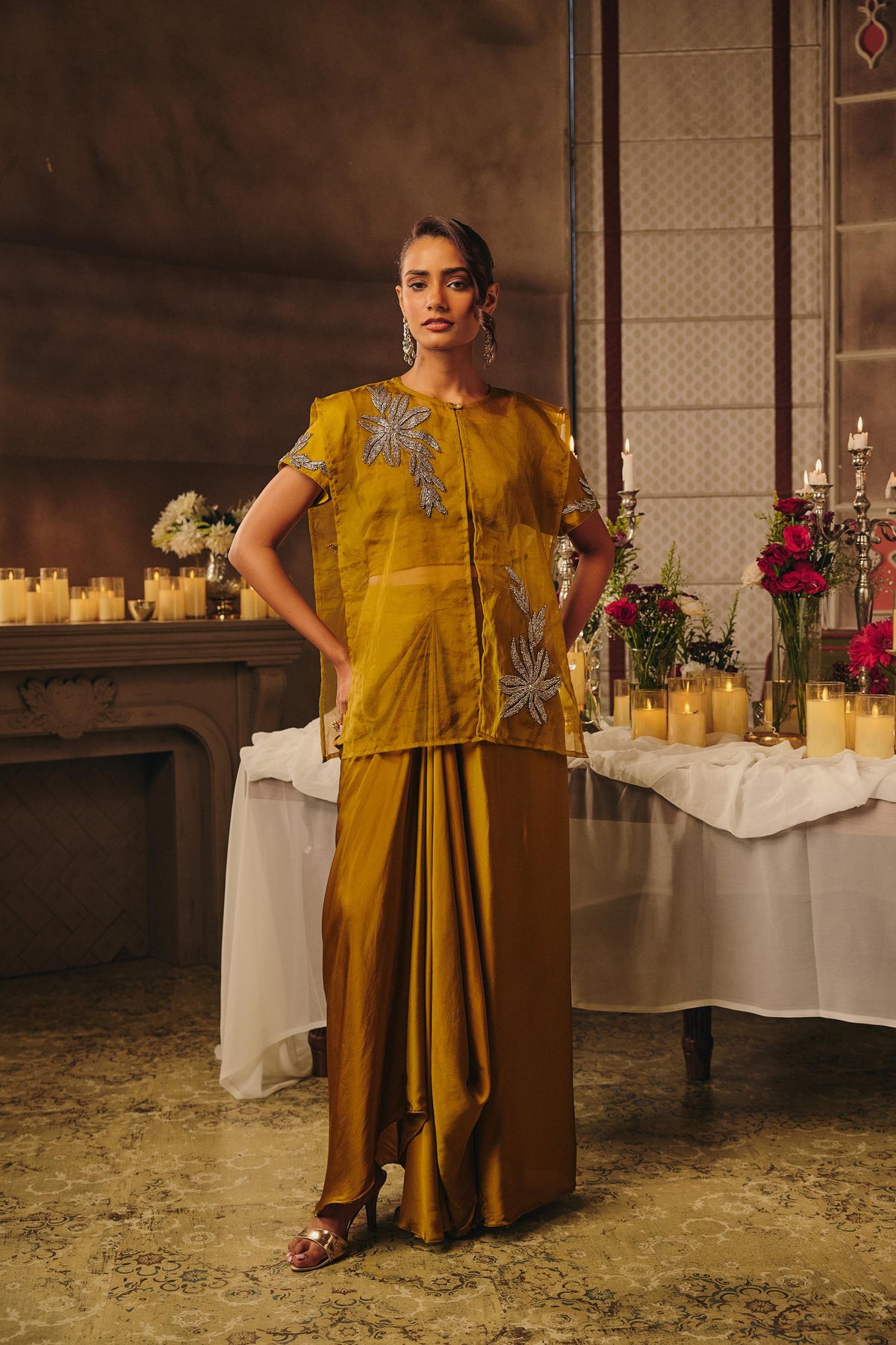 Muted Olive Embellished Crepe Satin Silk Skirt Set