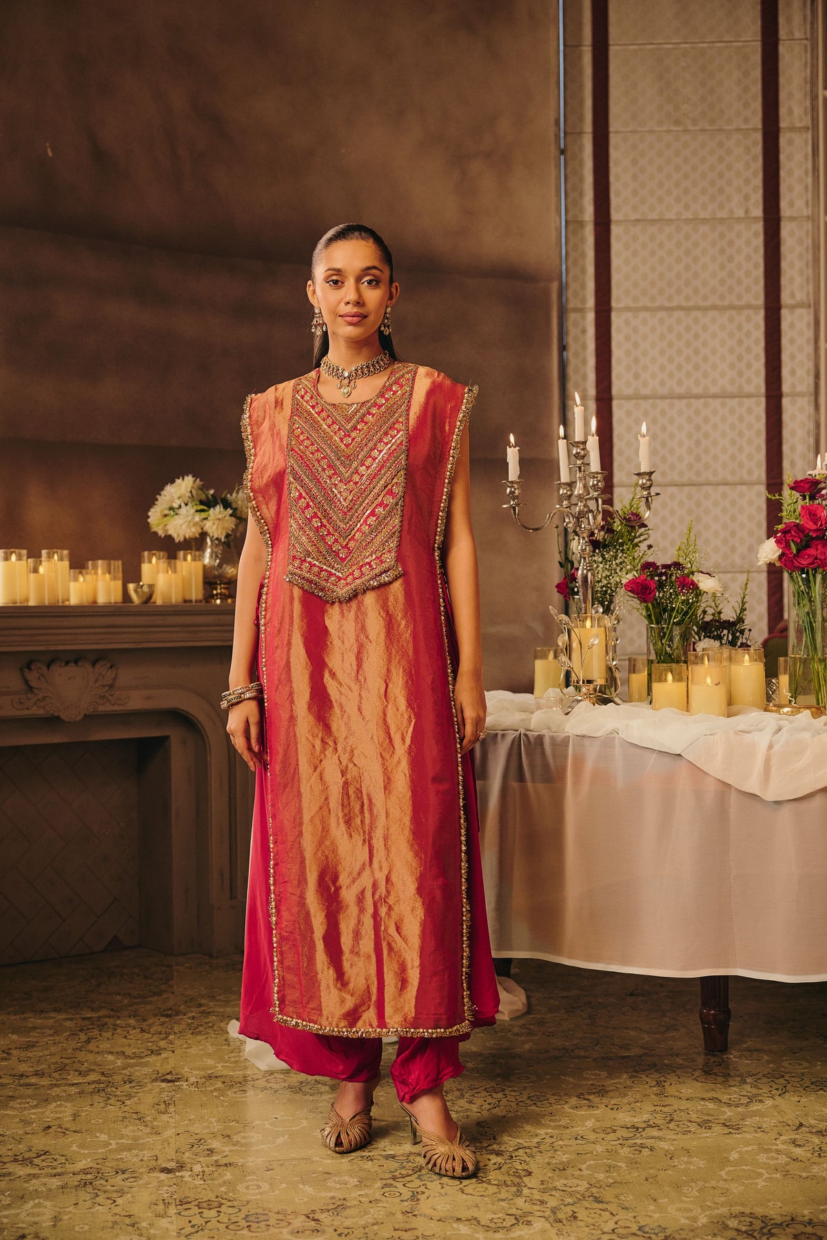 Pink Shine Embellished Shimmer Tissue Silk Pant Set
