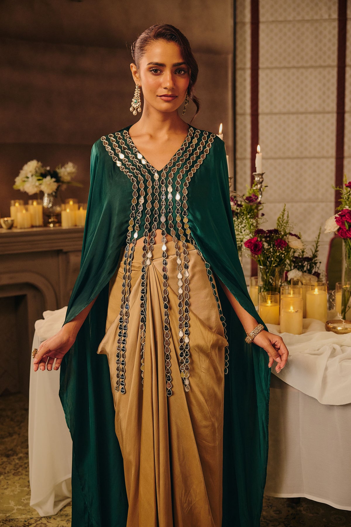 Emerald Green Embellished Satin Silk Skirt Set