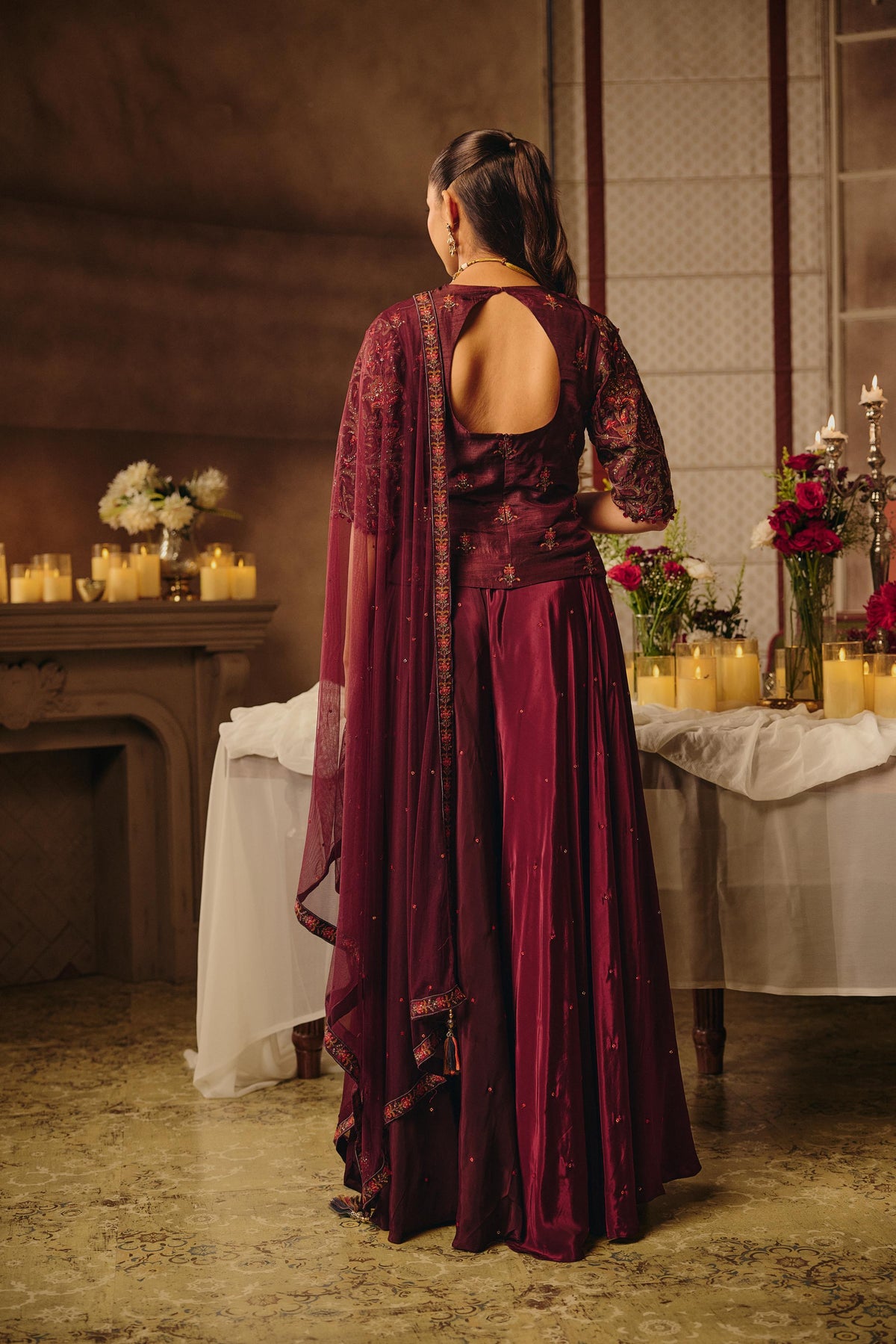 Mulberrry Wine Embellished Satin Silk Skirt Set