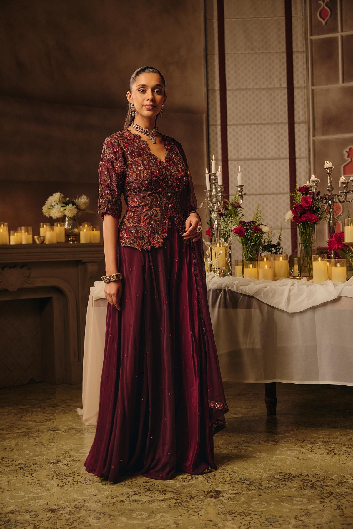 Mulberrry Wine Embellished Satin Silk Skirt Set