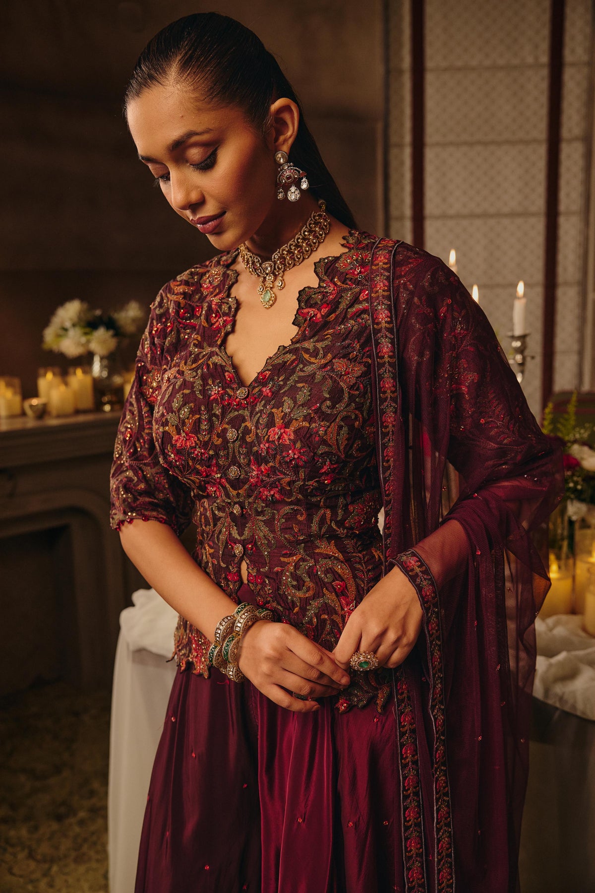Mulberrry Wine Embellished Satin Silk Skirt Set