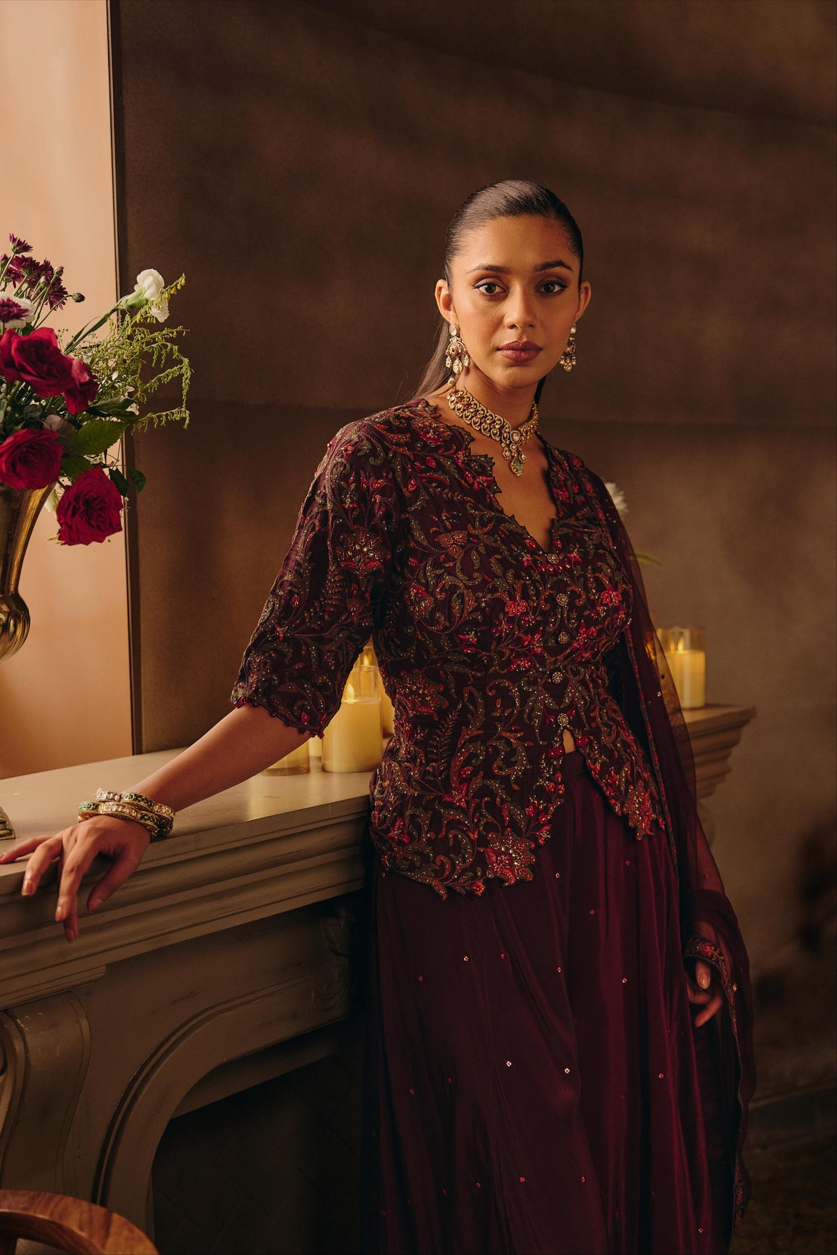 Mulberrry Wine Embellished Satin Silk Skirt Set