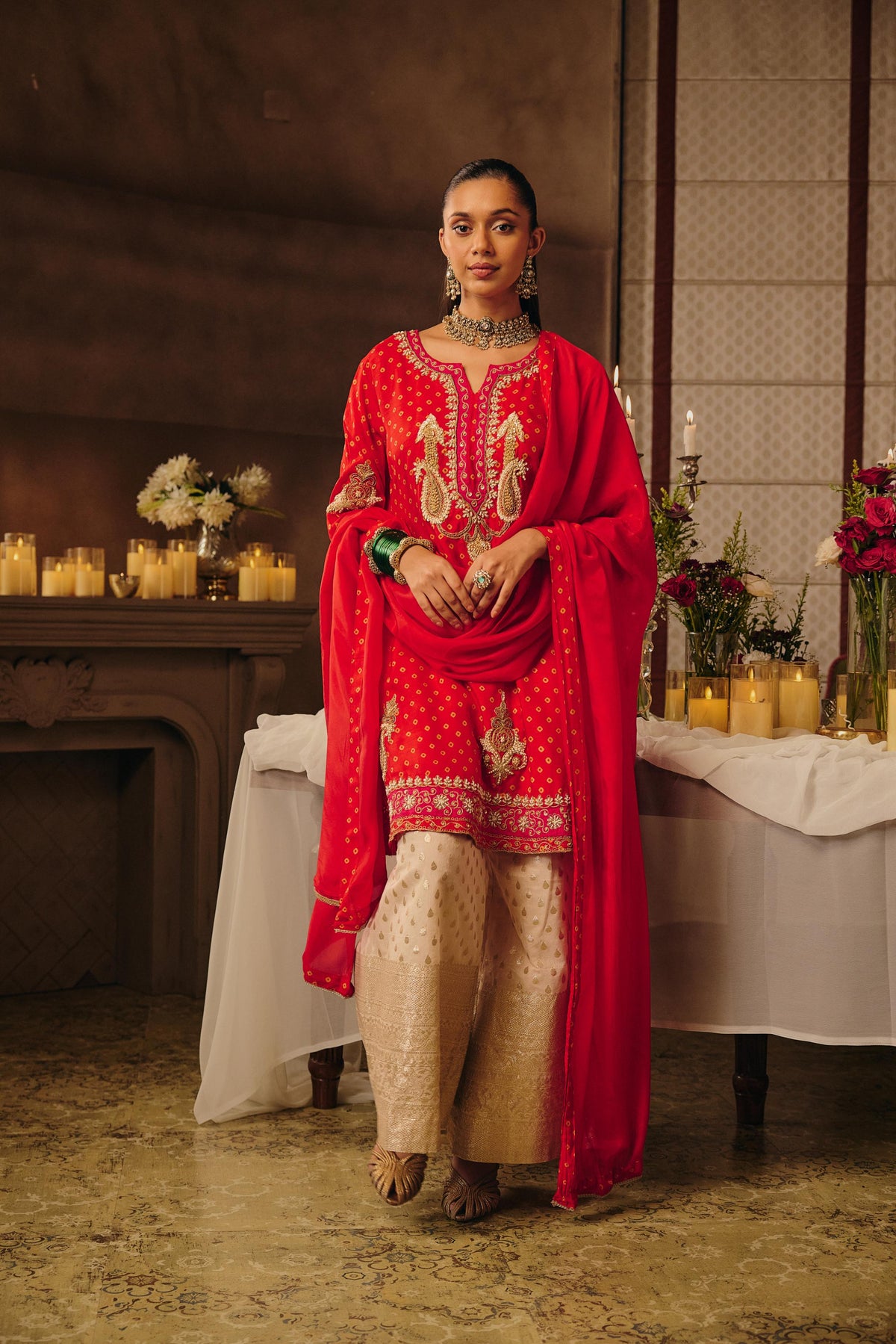 Bright Red & Ivory Gold Embellished Raw Silk Palazzo Set