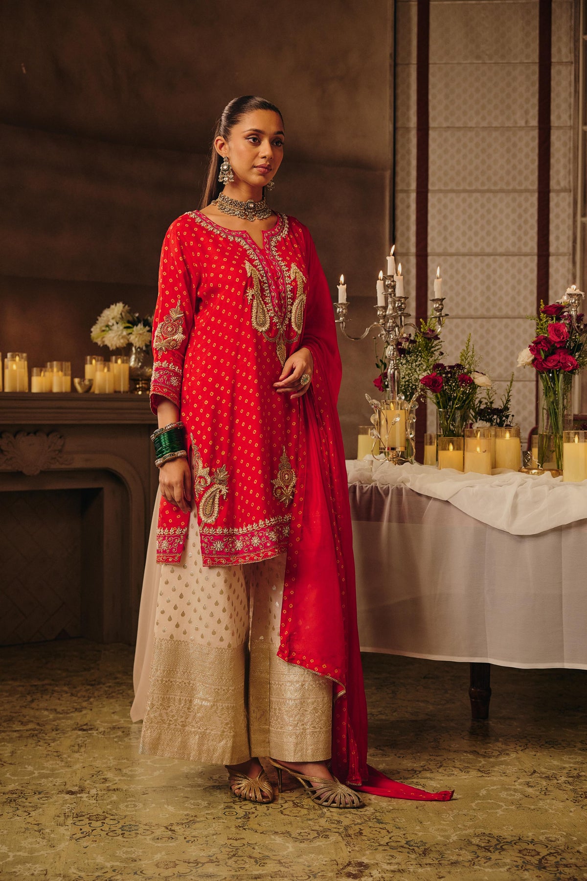 Bright Red & Ivory Gold Embellished Raw Silk Palazzo Set