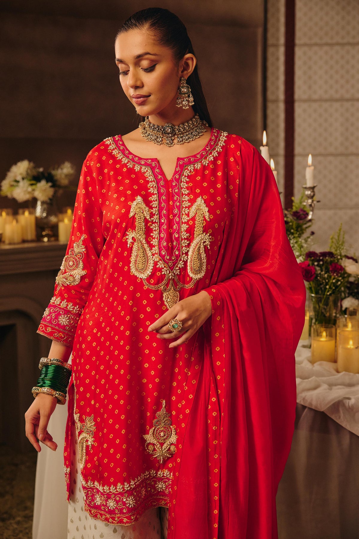 Bright Red & Ivory Gold Embellished Raw Silk Palazzo Set