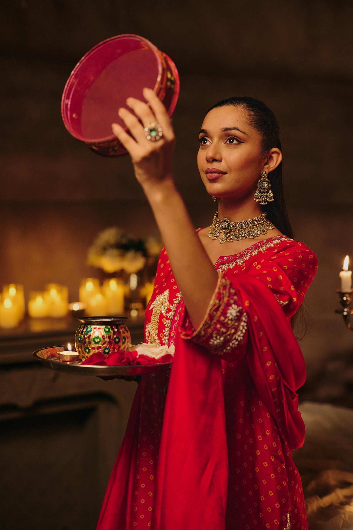 Bright Red & Ivory Gold Embellished Raw Silk Palazzo Set