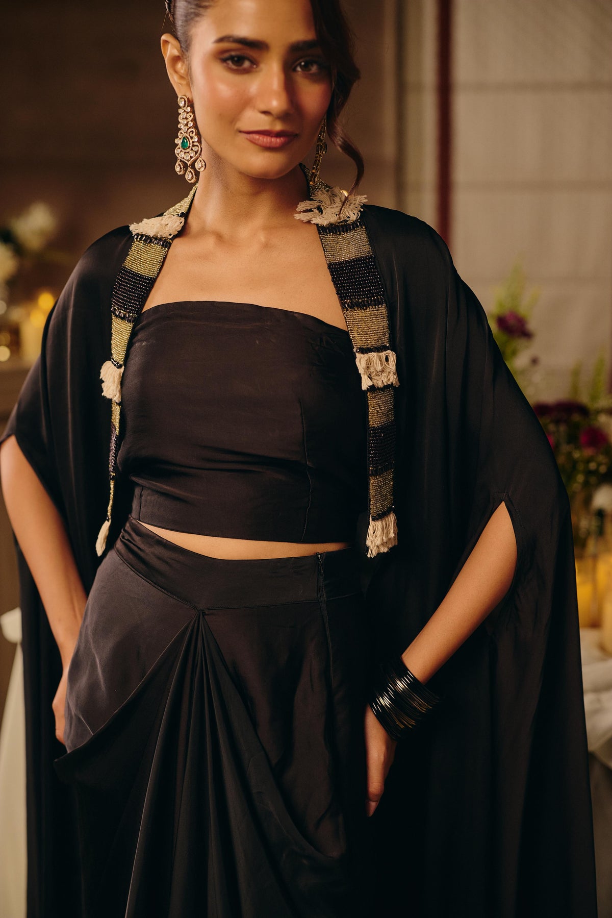 Jet Black Ivory Embellished Crepe Satin Silk Skirt Set