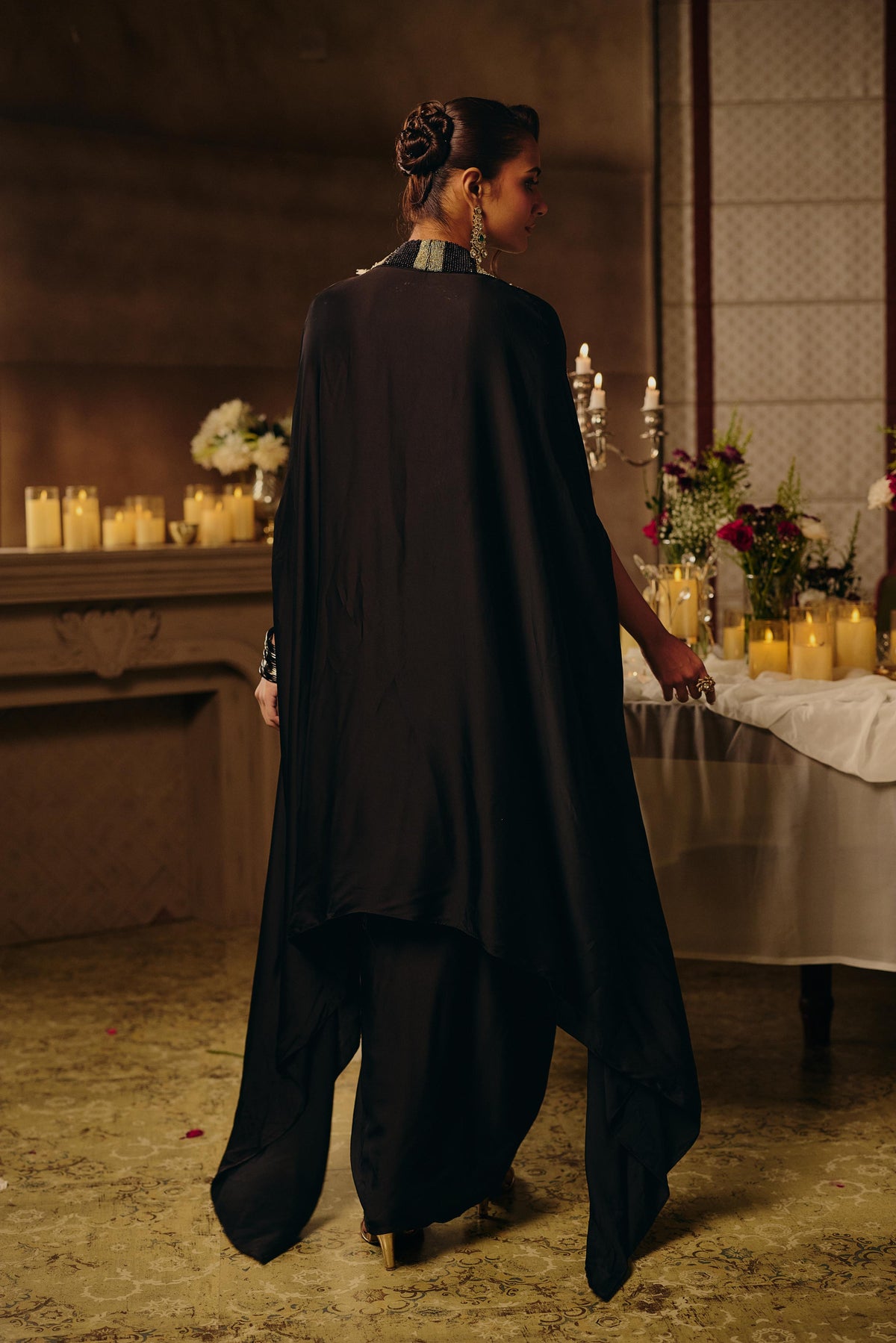 Jet Black Ivory Embellished Crepe Satin Silk Skirt Set