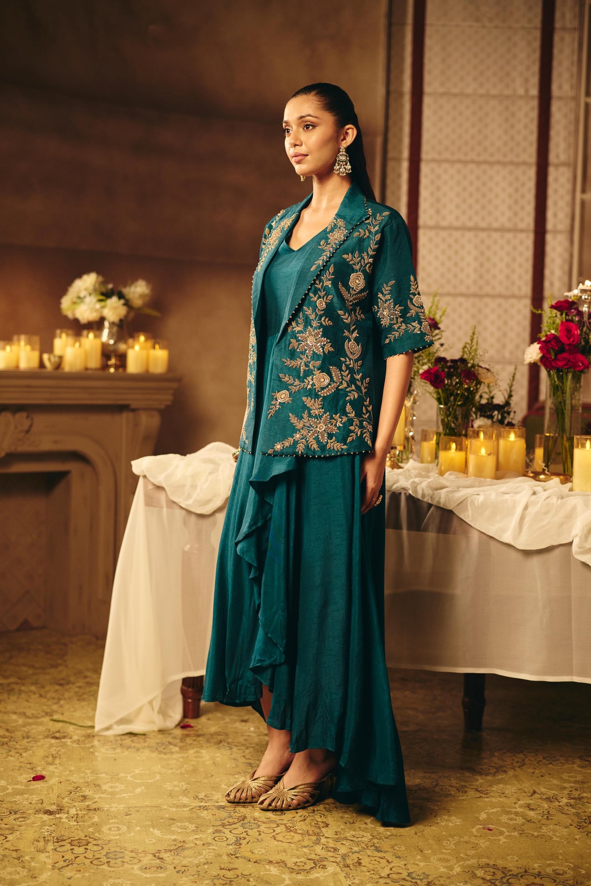 Teal Green Embellished Raw Silk Jacket Dress