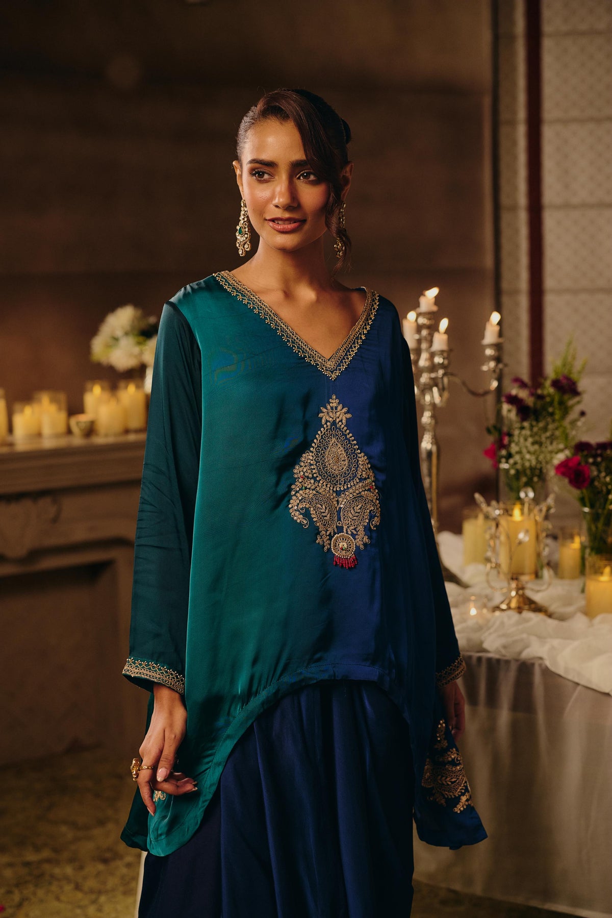 Teal Green & Blue Ombre Embellished Satin Silk Skirt Set