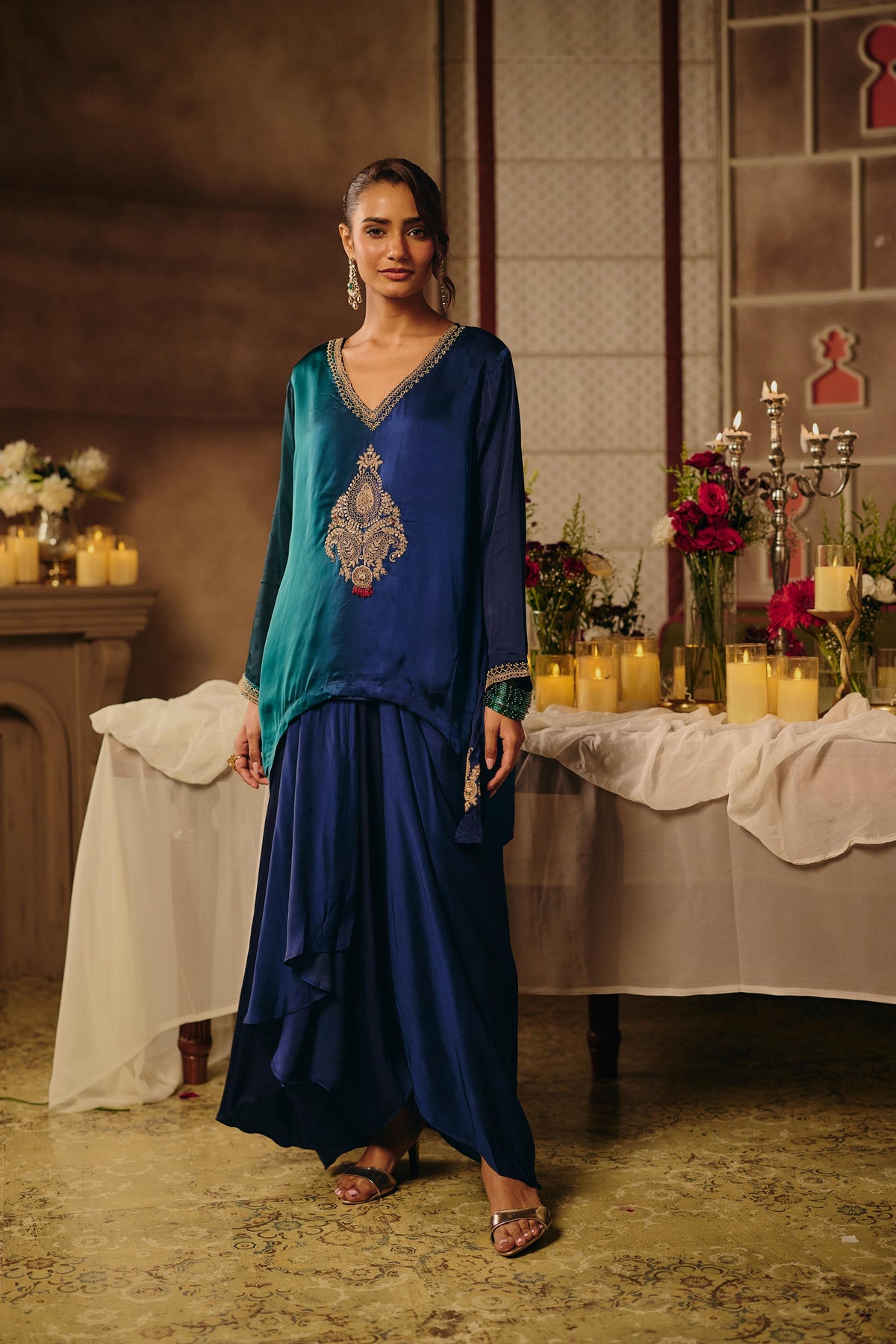 Teal Green & Blue Ombre Embellished Satin Silk Skirt Set