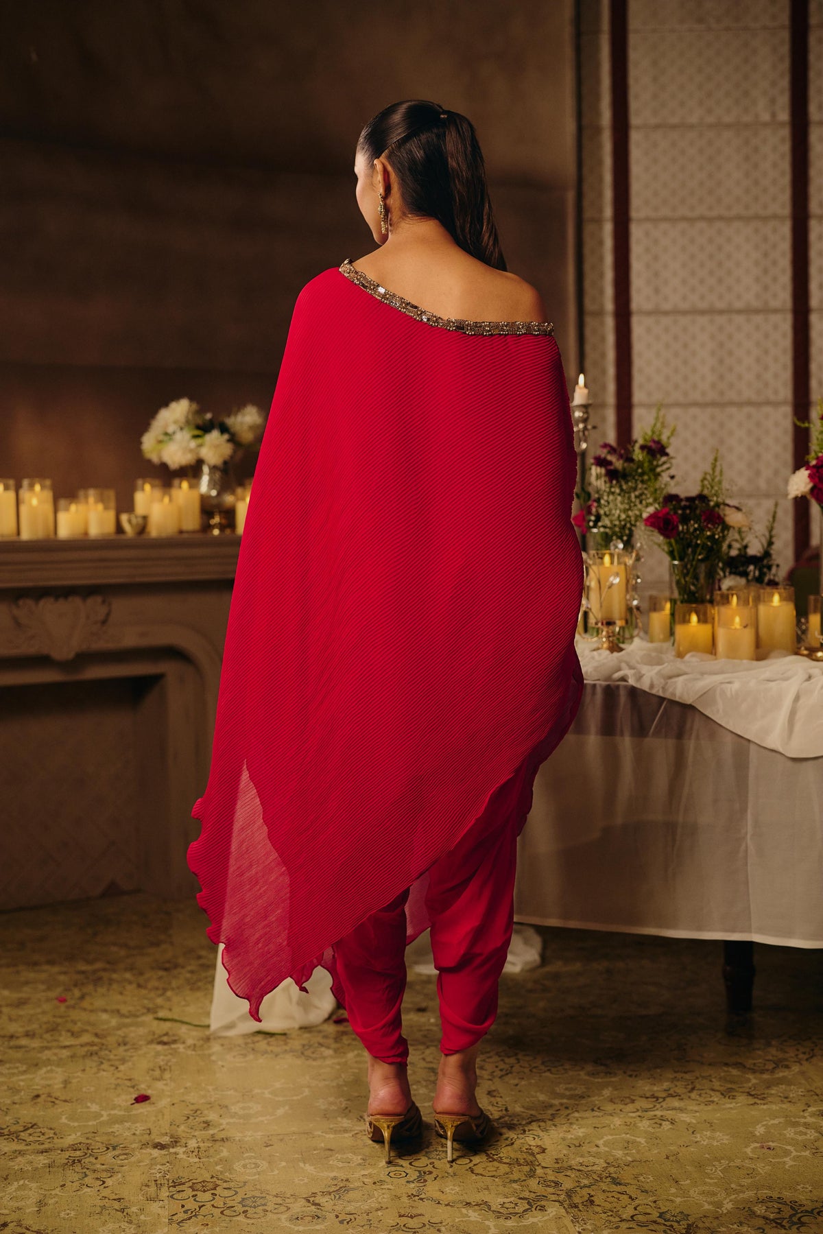 Bright Fuchsia Pink Embellished Georgette Silk Dhoti Set