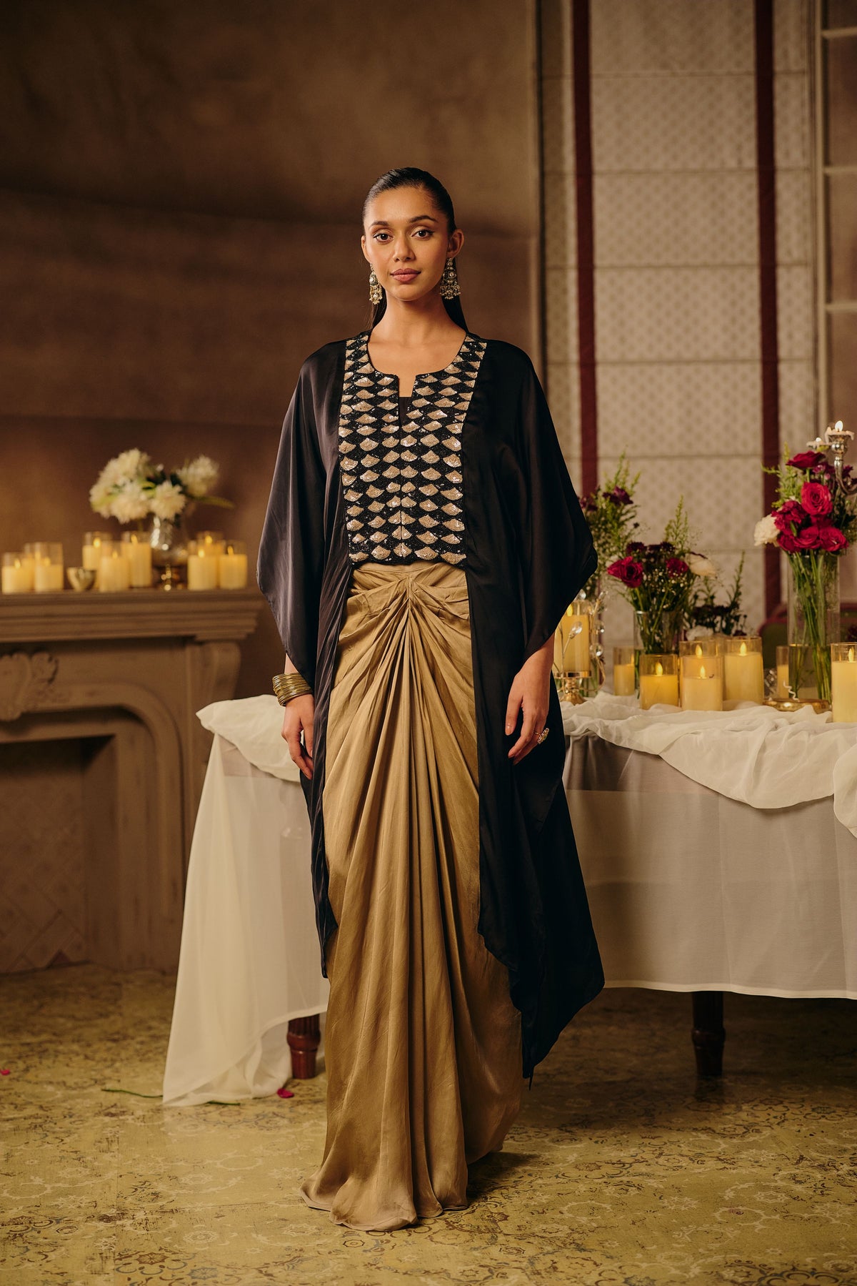 Jet Black Embellished Satin Silk Skirt Set