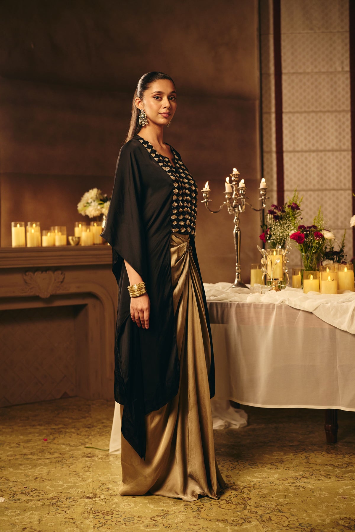 Jet Black Embellished Satin Silk Skirt Set