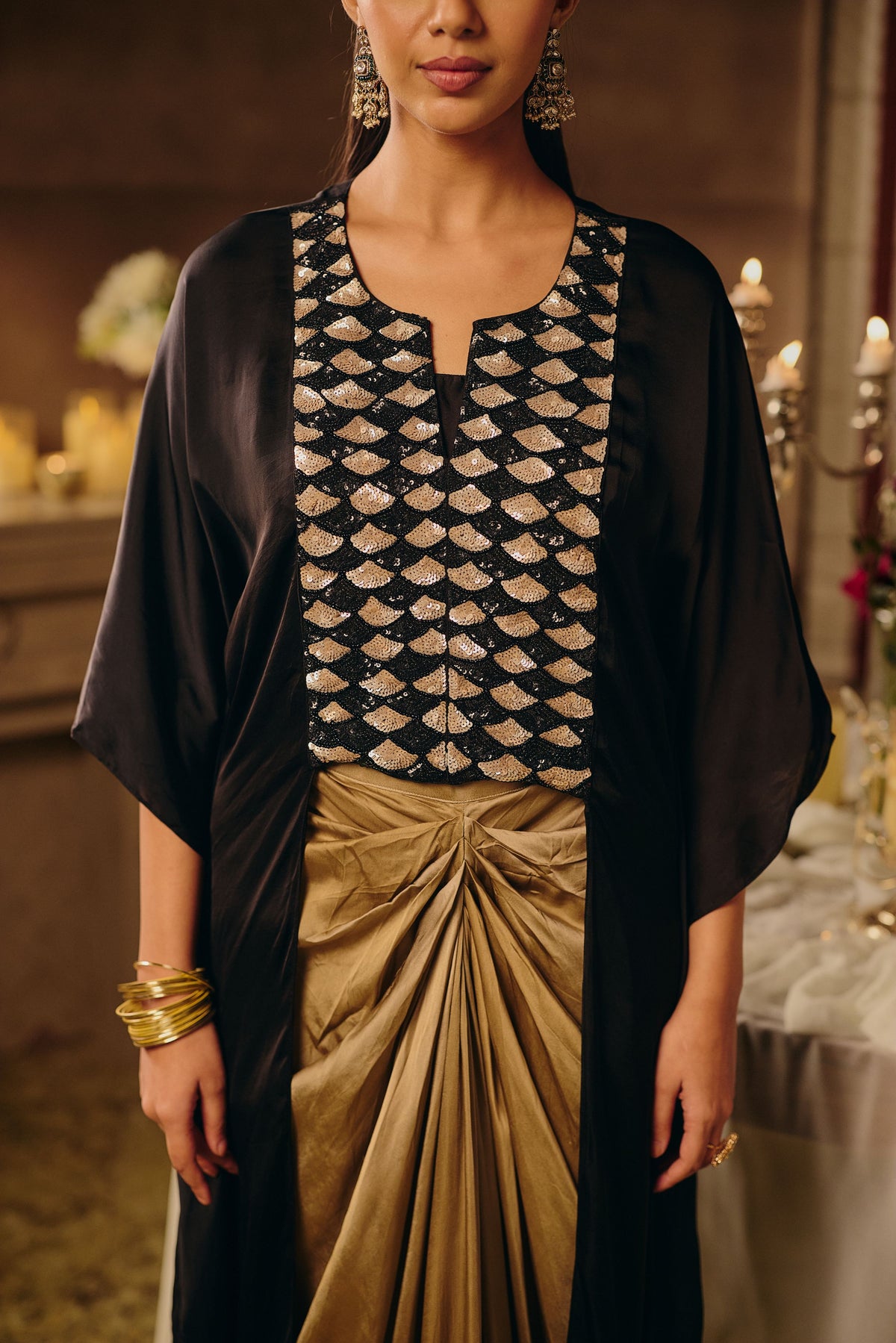 Jet Black Embellished Satin Silk Skirt Set