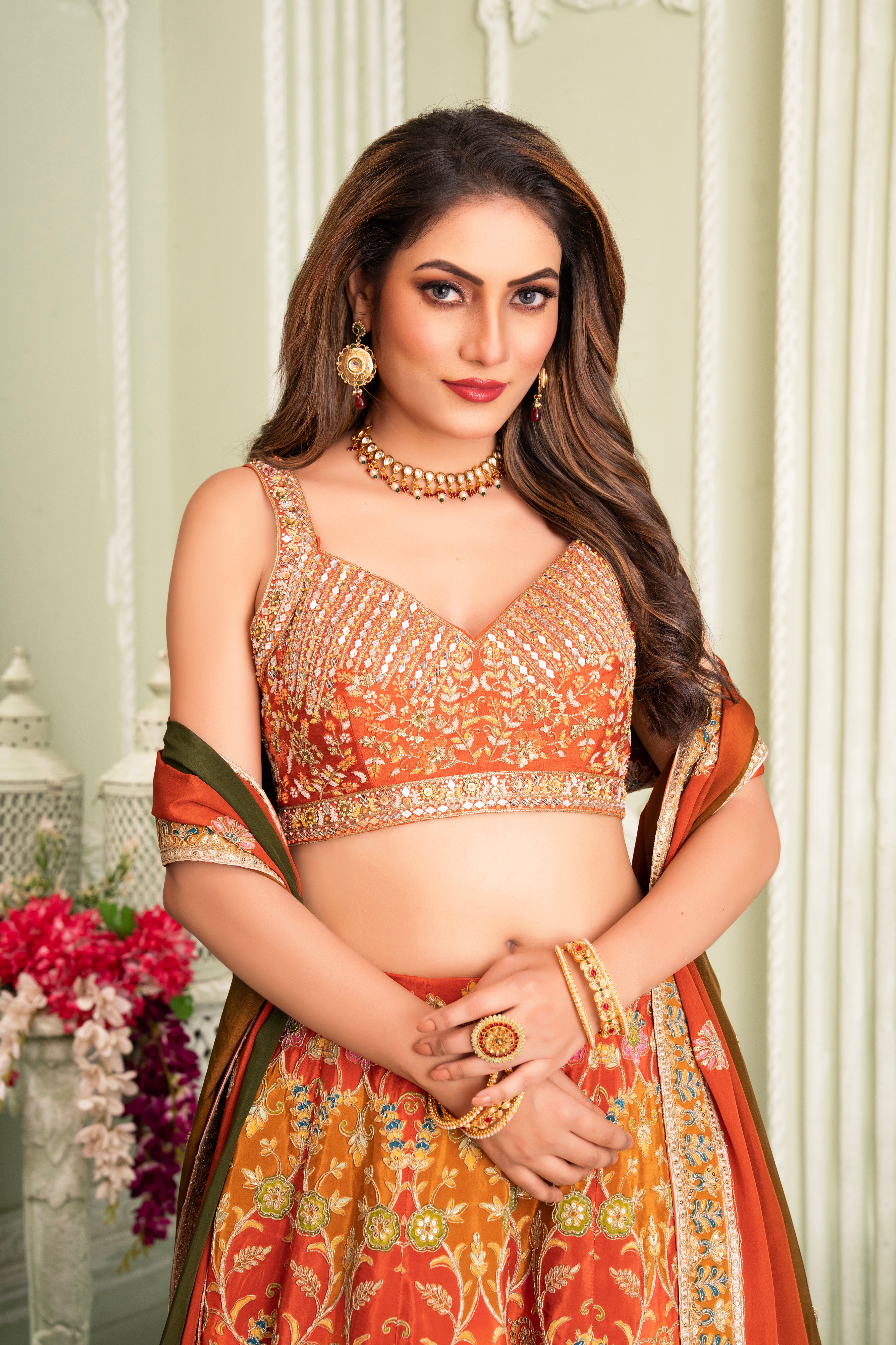 Orange Golden Handwork Lehenga Set