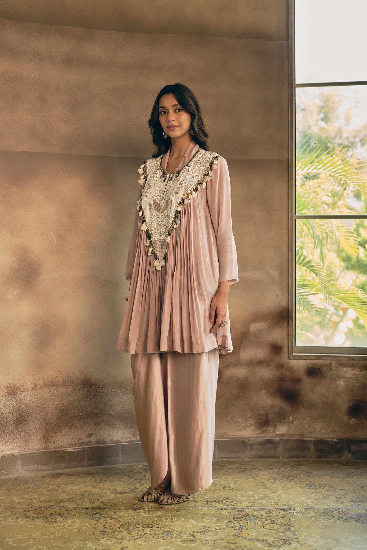 Soft Pink Embellished Georgette Silk Skirt Set