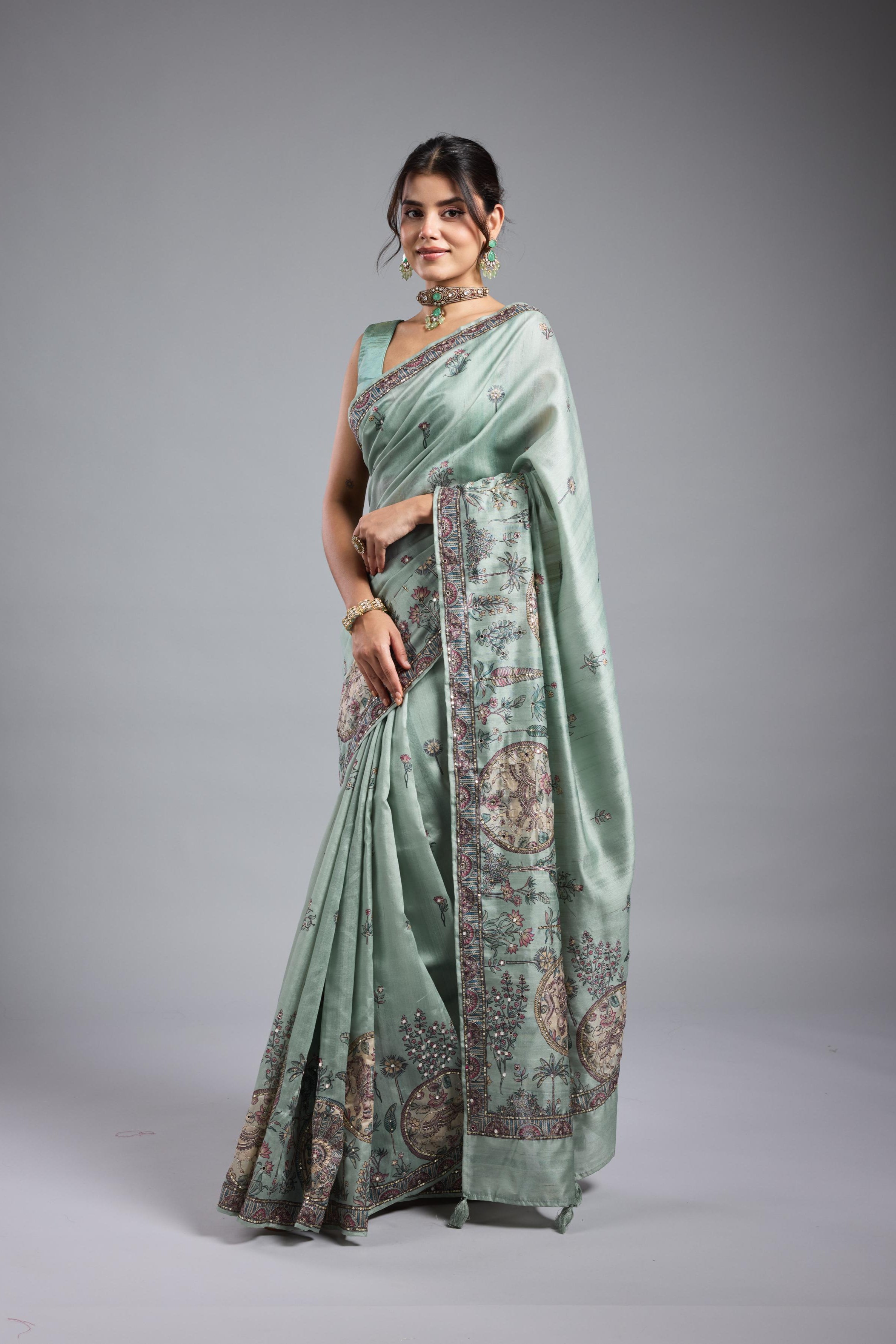 Light Teal Kalamkari Bhagalpuri Tussar Silk Saree