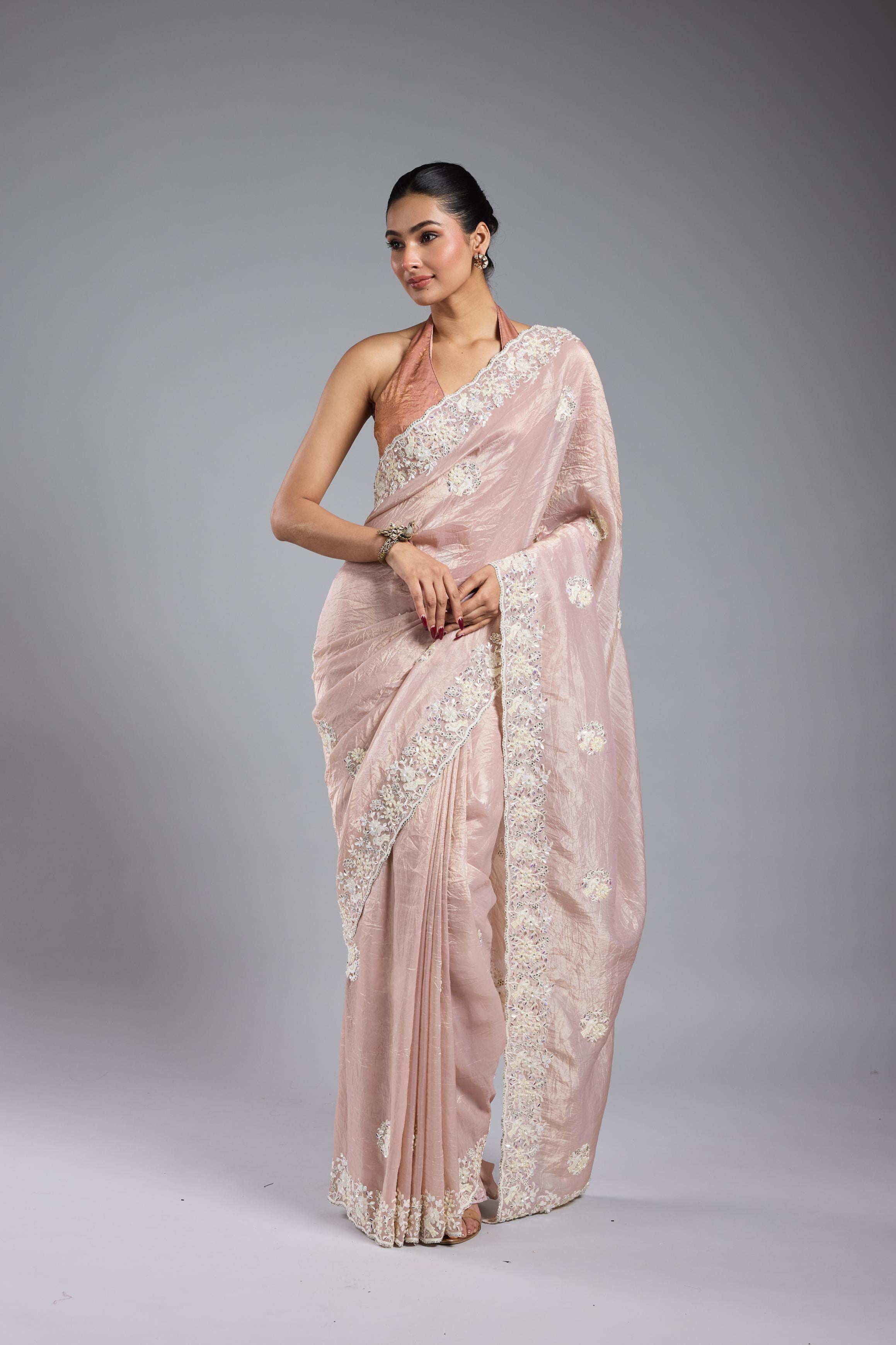Soft Pink Embroidered Shimmer Silk Saree