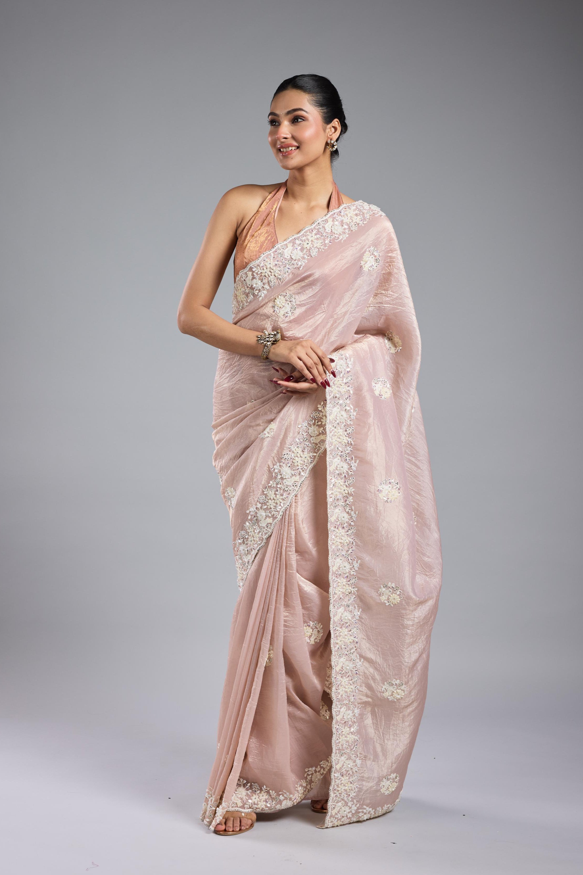 Soft Pink Embroidered Shimmer Silk Saree