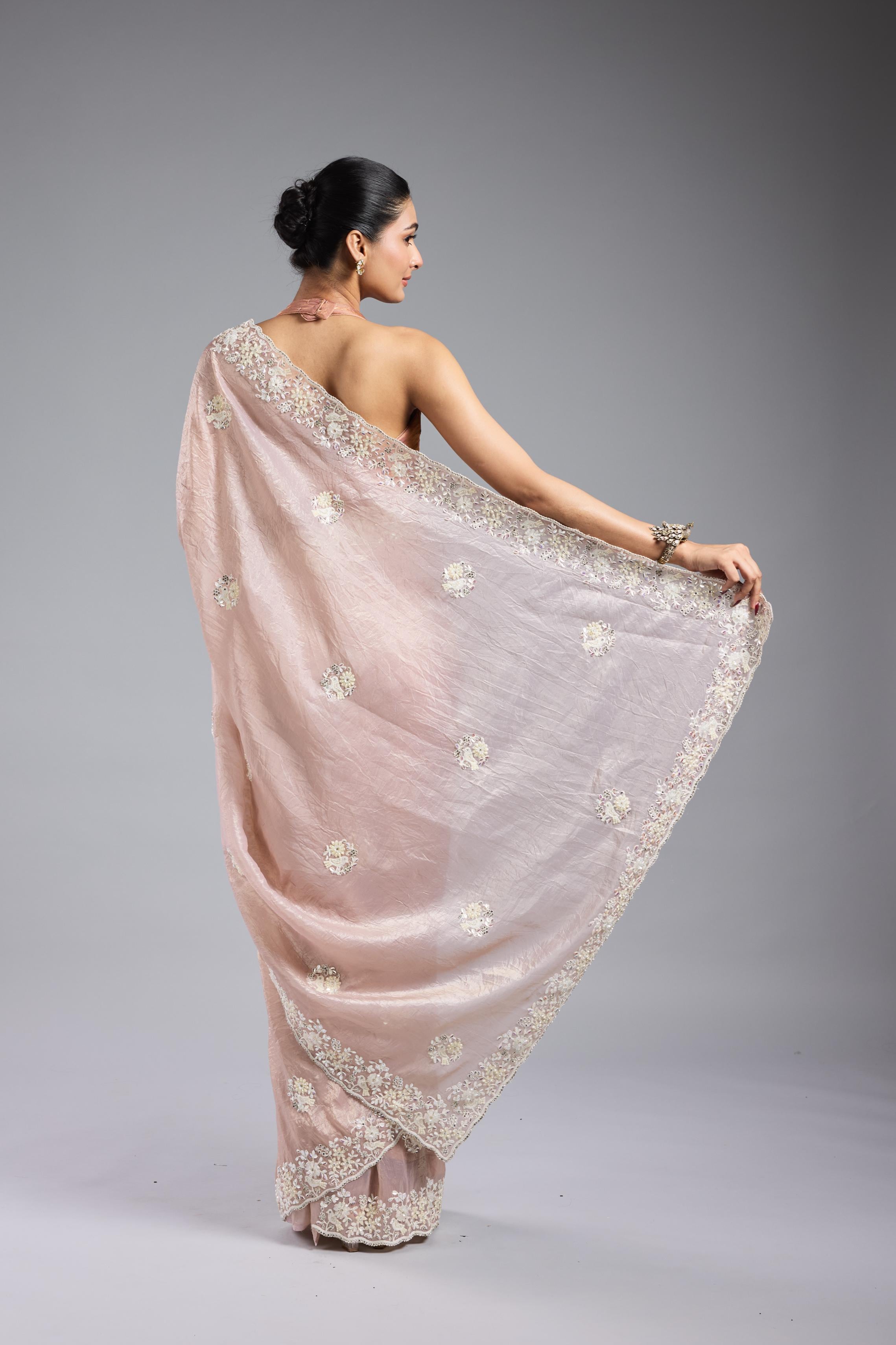 Soft Pink Embroidered Shimmer Silk Saree